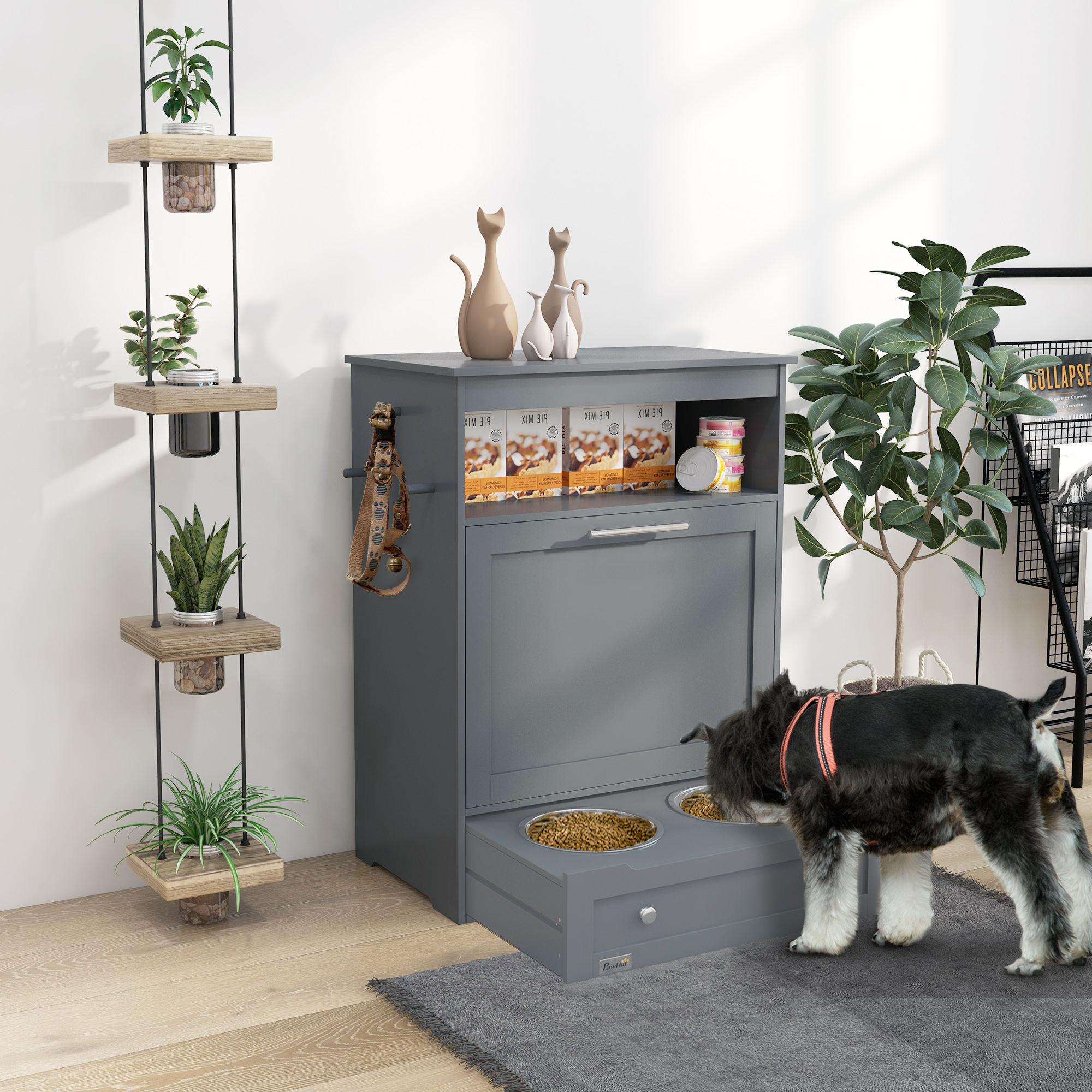Pet Feeder Station,Dog,Cat Storage Container,with Raised Bowls,Hanger,Cabinet-Grey detail photo 10