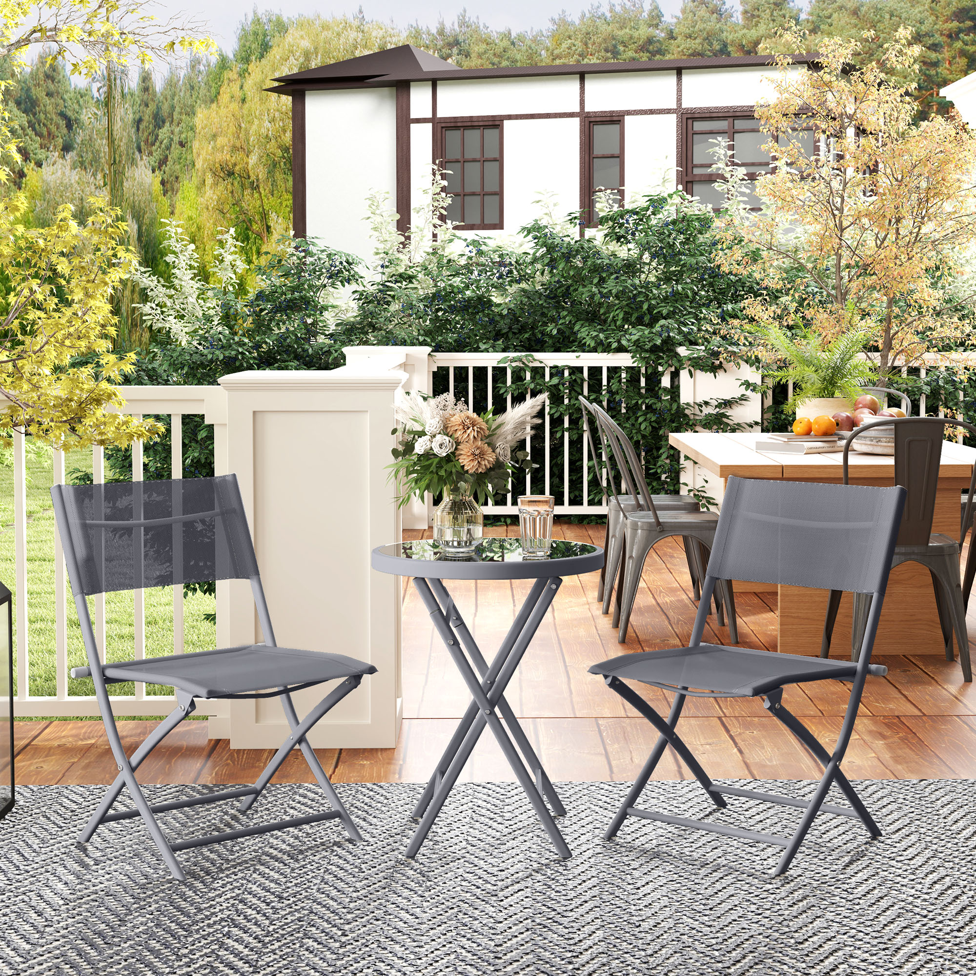 3 Pieces Outdoor Bistro Set,Glass Top Table And 2 Folding Chairs — image 4