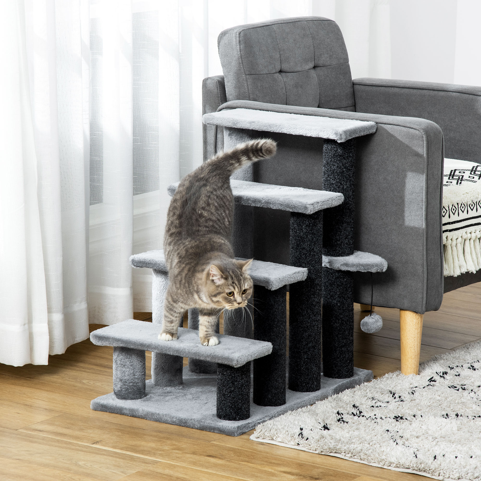 4-step Pet Stairs With Scratching Posts,Platforms,Toy Ball,Grey detail photo 9