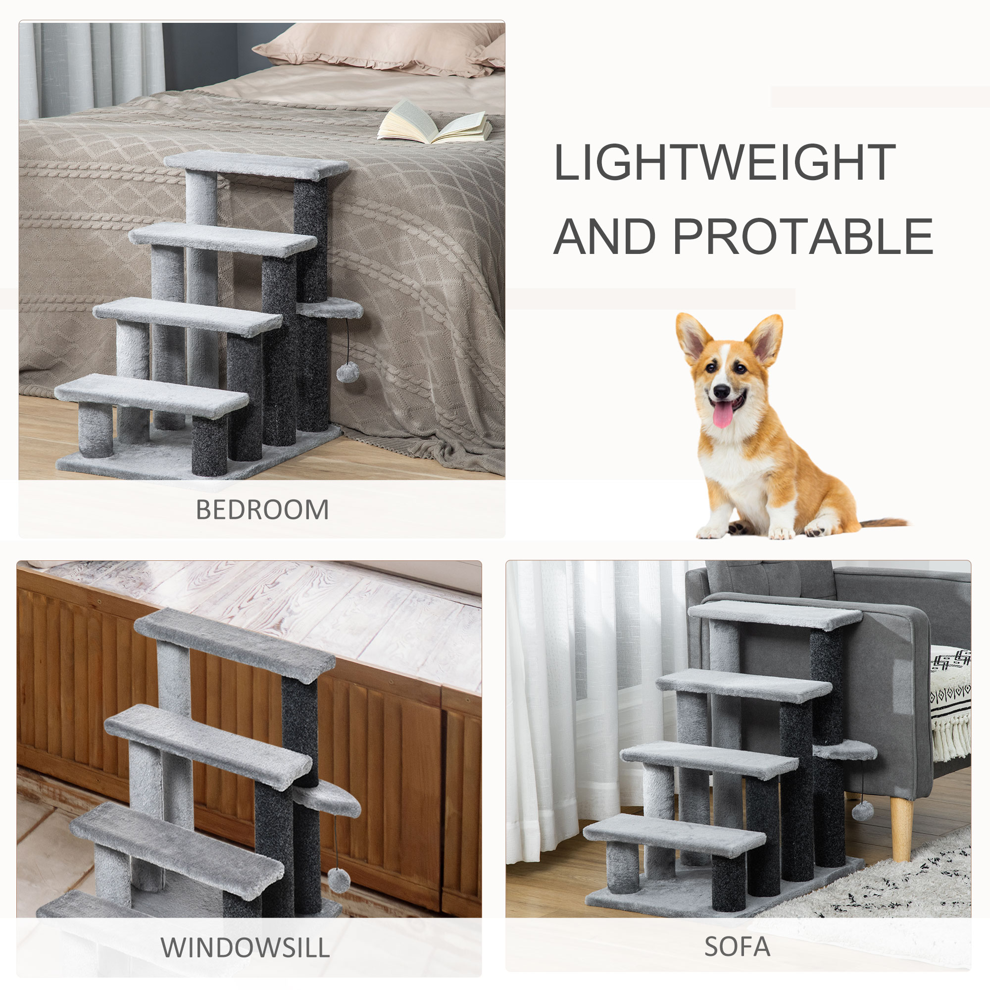 4-step Pet Stairs With Scratching Posts,Platforms,Toy Ball,Grey — image 2