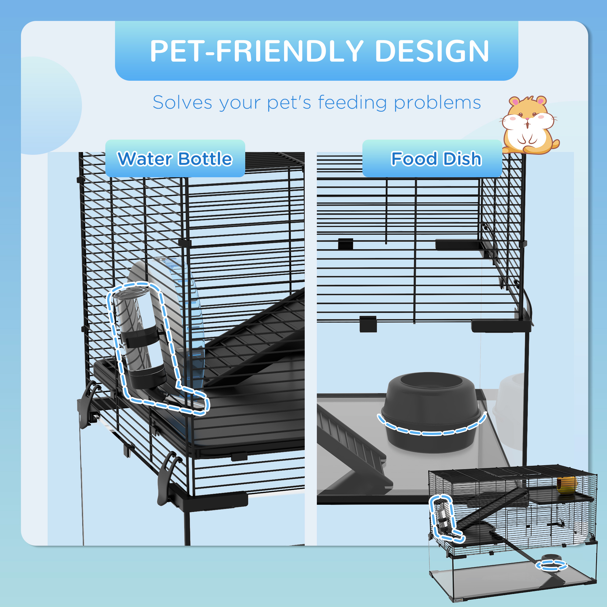 3 Tiers Hamster Cage,Gerbil Cage With Deep Glass Bottom,Non-Slip — image 4