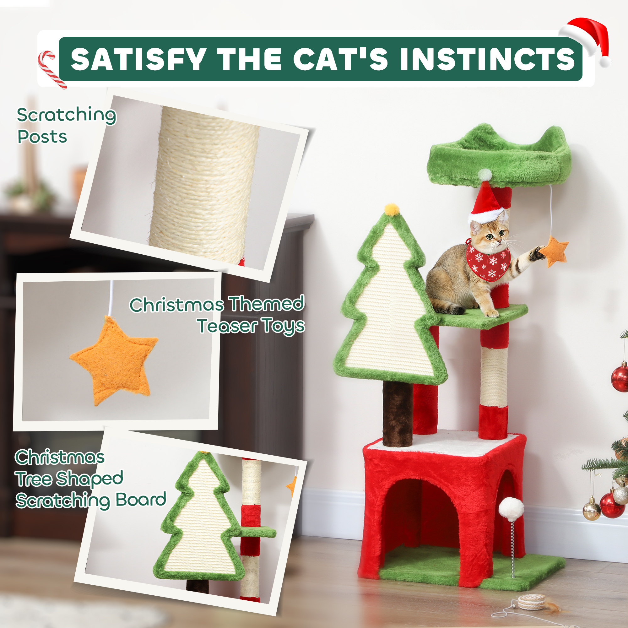 Christmas Cat Tree,120cm Tower With Scratching Post & Board,Platform,Toys,Green