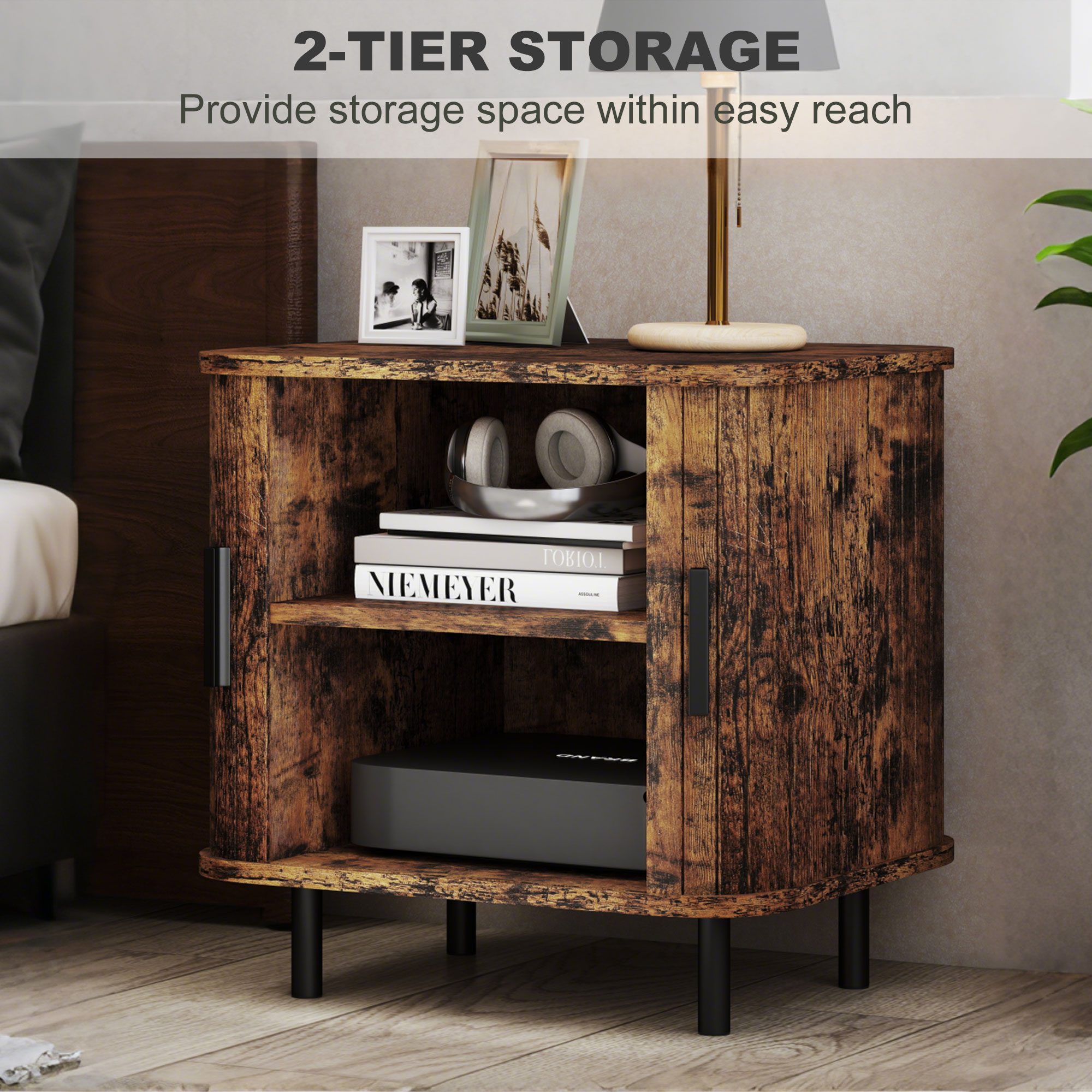 Nightstand With Sliding Doors And Metal Legs Rustic Brown — image 4