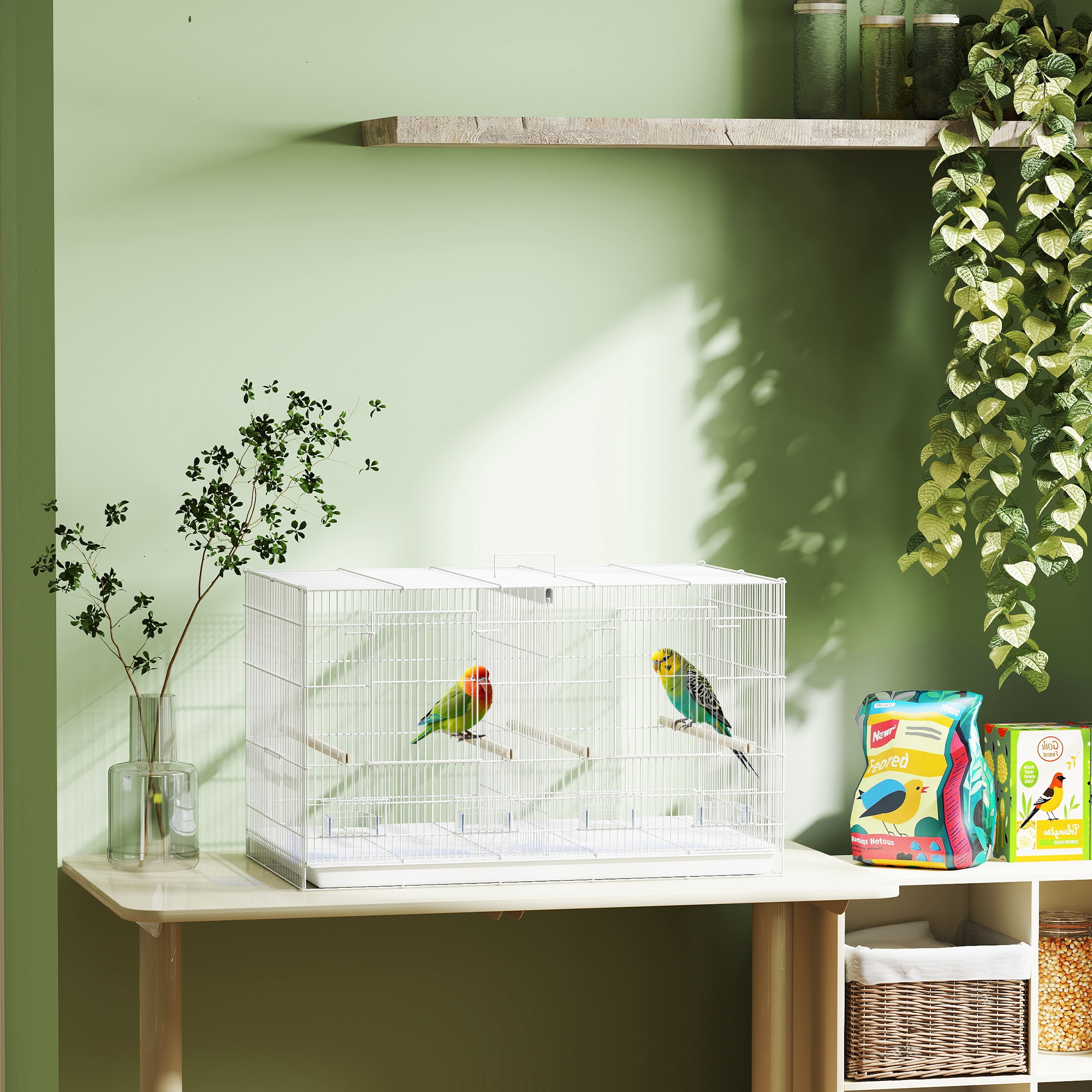 Bird Cage With Divider,4 Wooden Perches,Slide Out Tray,4 Feeders,for Budgie,Lovebird,Canary,76 X 46 X 46cm,White detail photo 9
