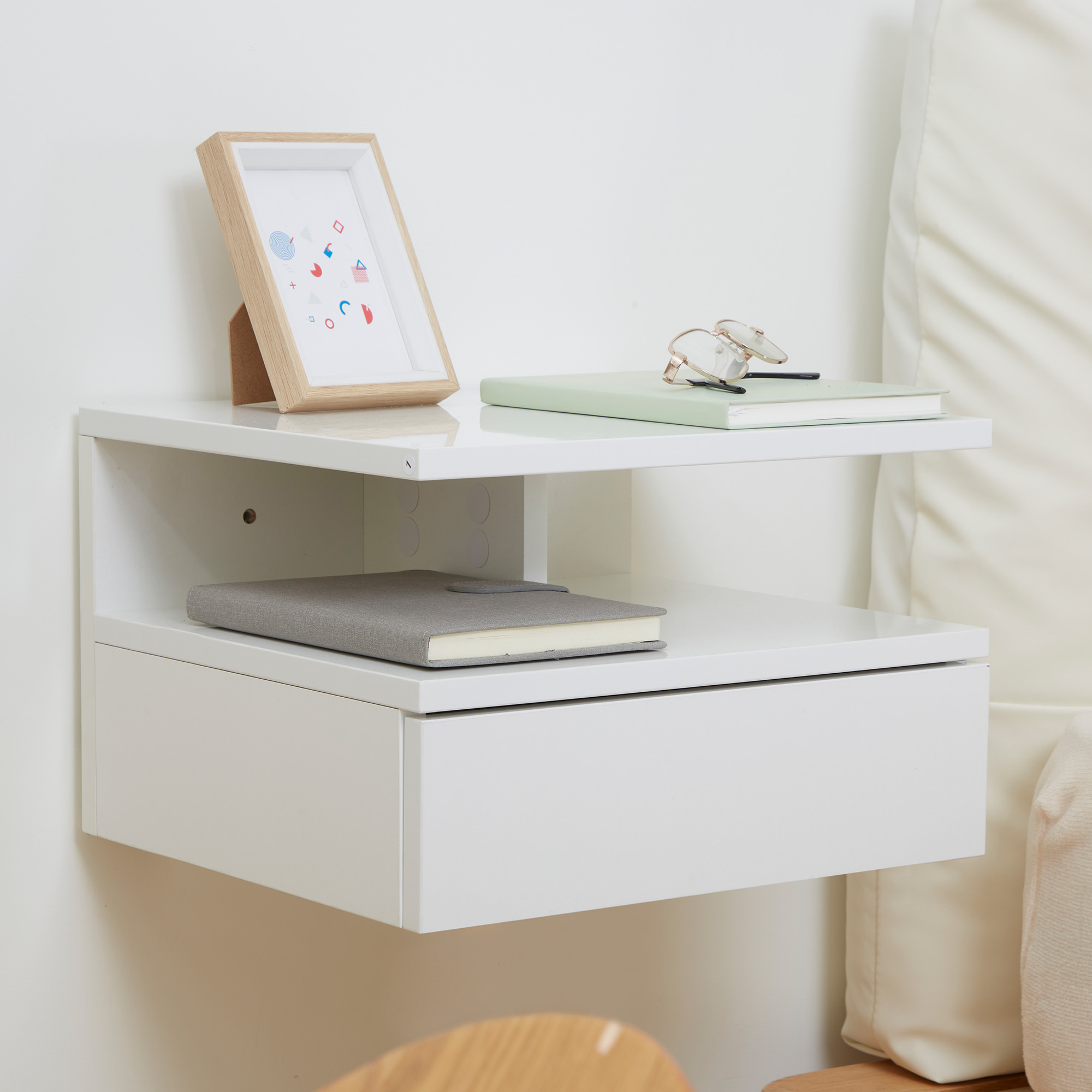 Set Of Two Floating High Gloss Bedside Tables-White — image 4