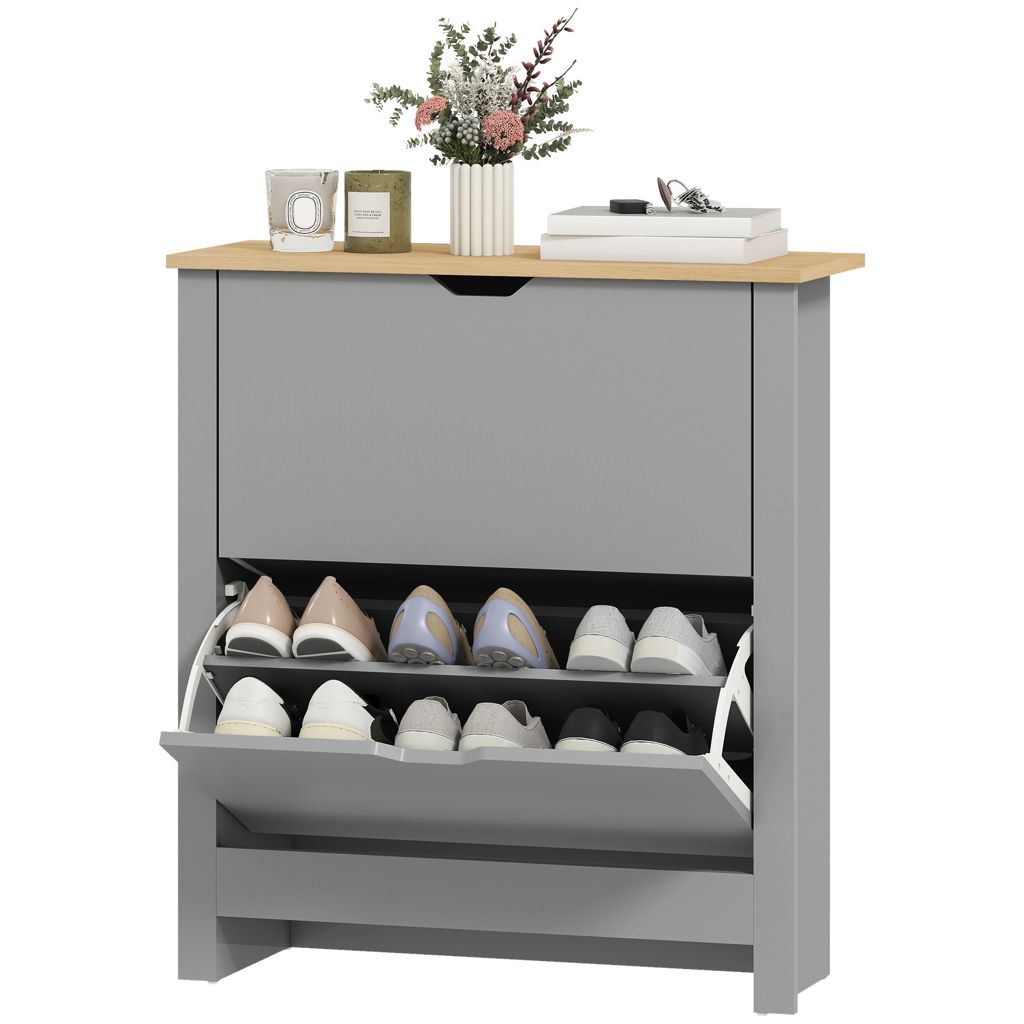 Slim Shoe Cabinet,Narrow Cupboard With 2 Flip Drawers,Adjustable Shelves For 12 — image 3