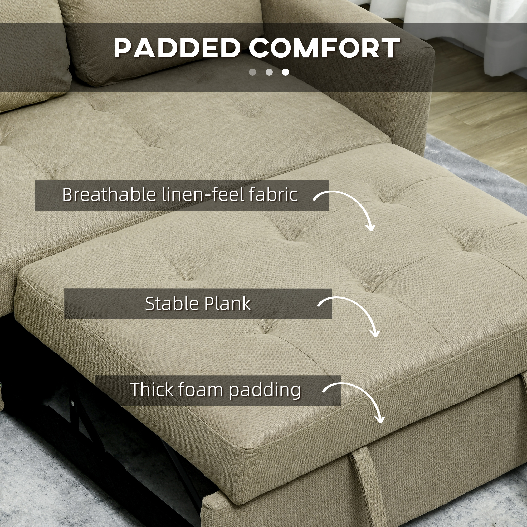 Loveseat Sofa Bed,Convertible Bed Settee With 2 Pillows,Side Pockets,Light Brown