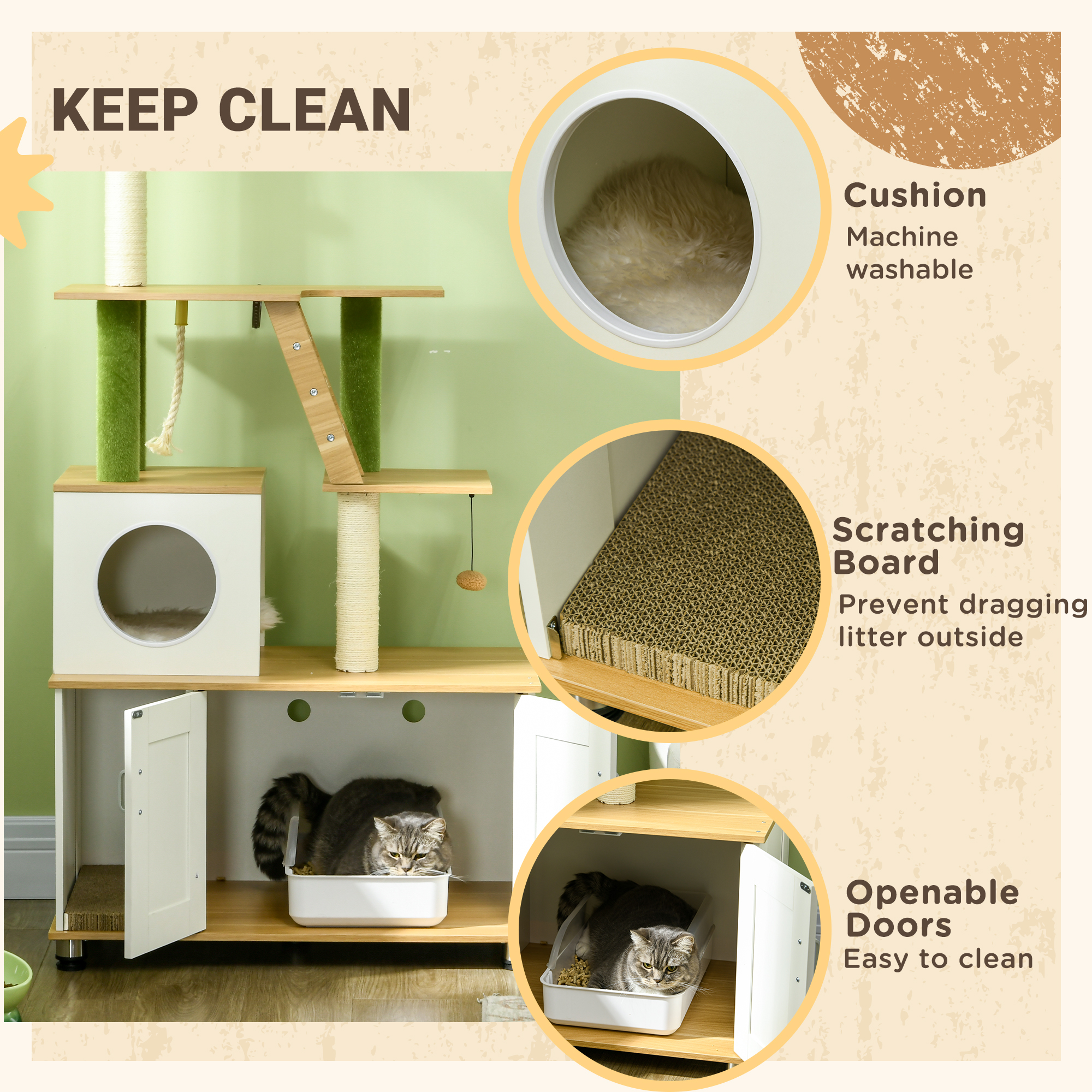 2-in-1 Hidden Cat Litter Box,Green Leaf Tree,with House,Ladder,Scratching