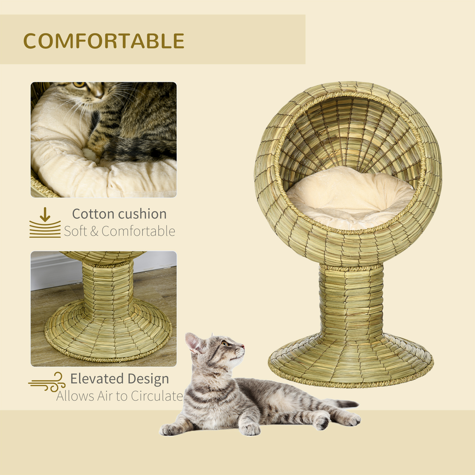 Raised Detachable Cat House,Natural Mat Grass Bed,with Cushion — image 4
