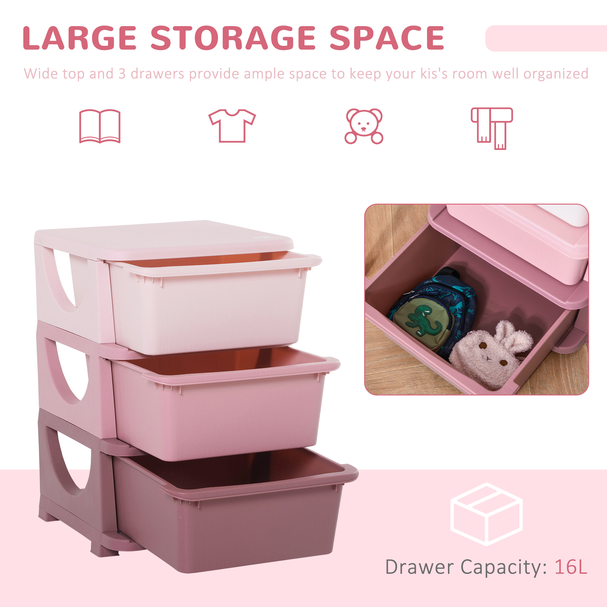 3 Drawers Plastic Storage Units,3 Tier Kids Units,Children Toy Chest