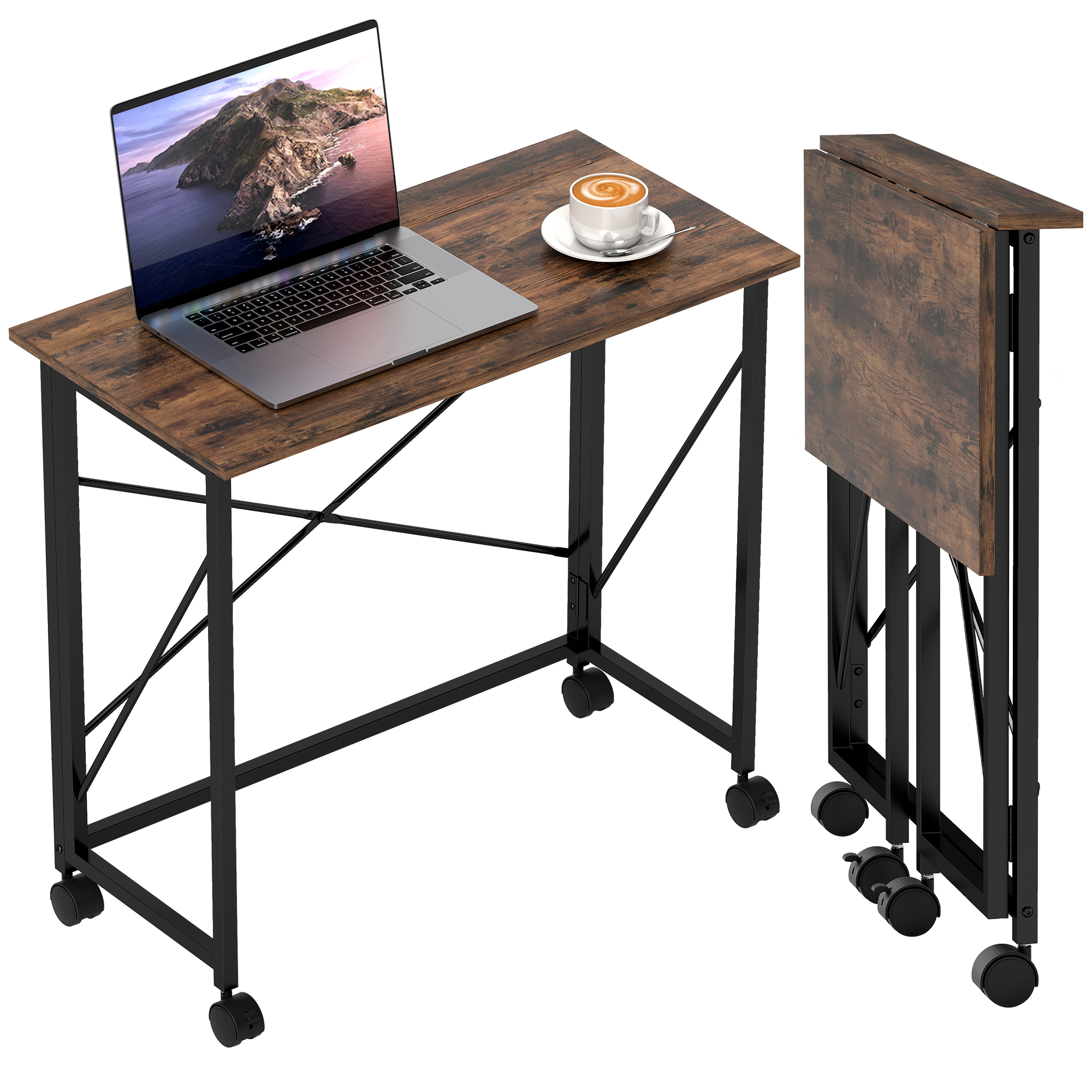 80 Cm Folding Desk On Wheels-Rustic Brown — image 2