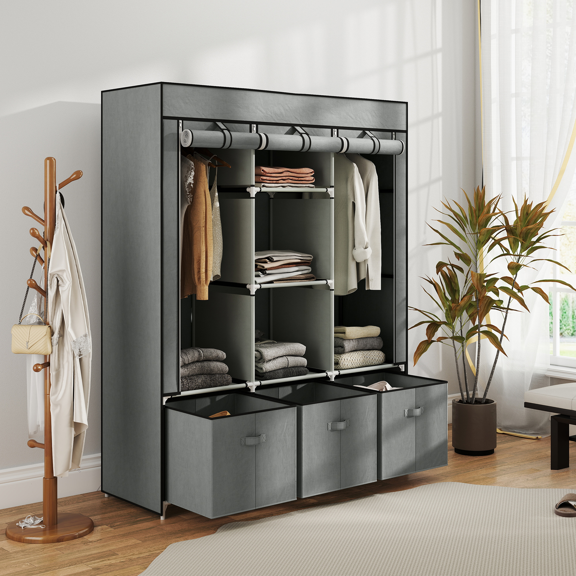 Fabric Wardrobe For Bedroom,Portable With 5 Shelves,2 Hanging Rails And 3 — image 3