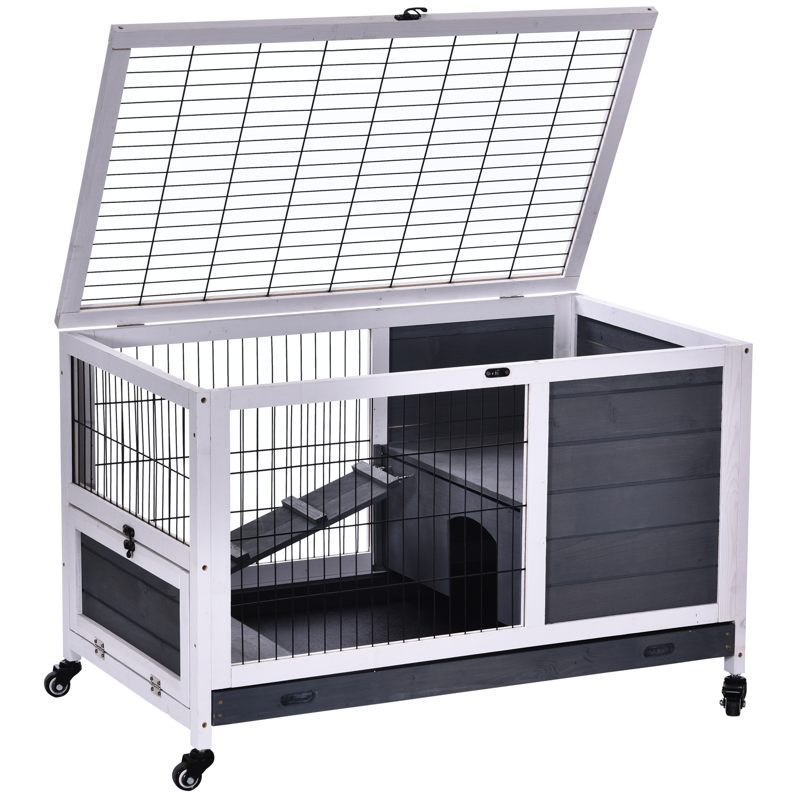 Wooden Guinea Pig Hutch,2-Floor Bunny Cage W/ Enclosed Run Area,Grey — image 4