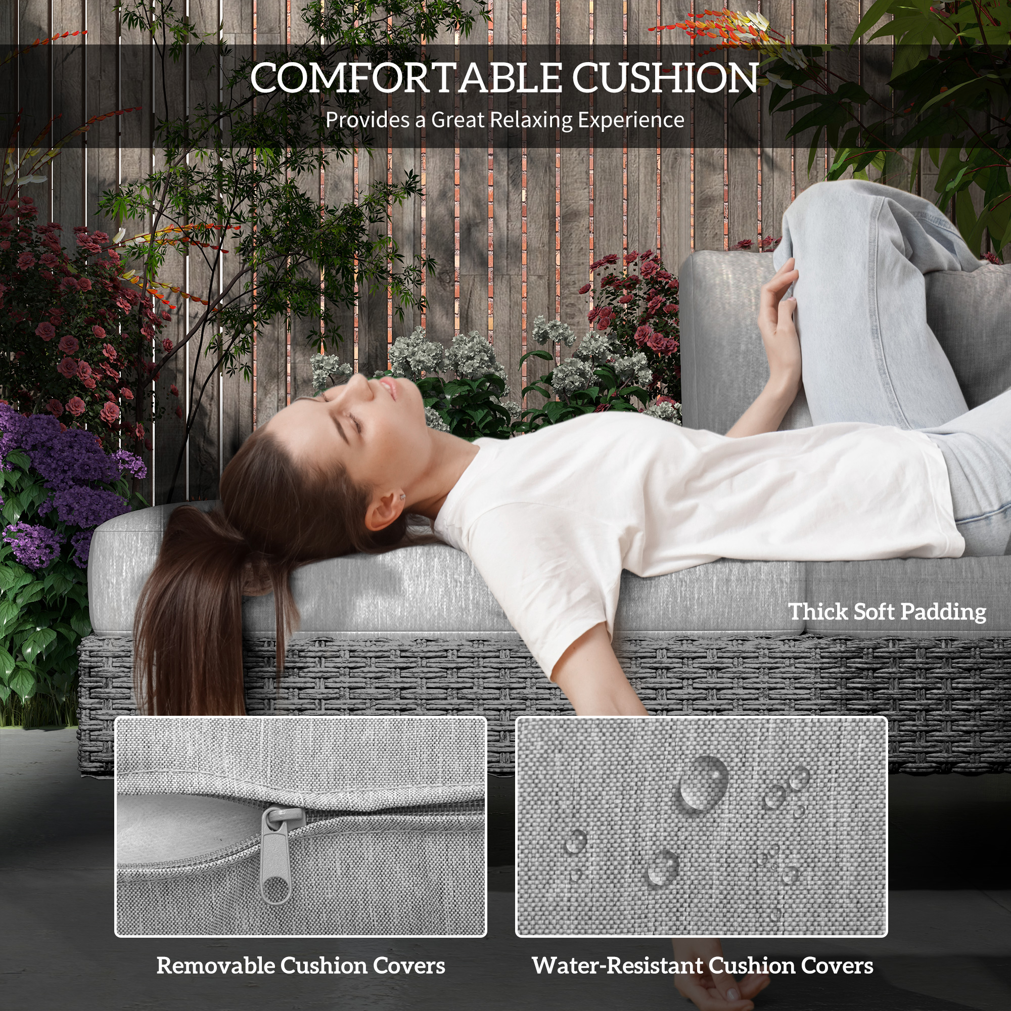 Three-Piece Rattan Sofa Set,with Cushions-Light Grey