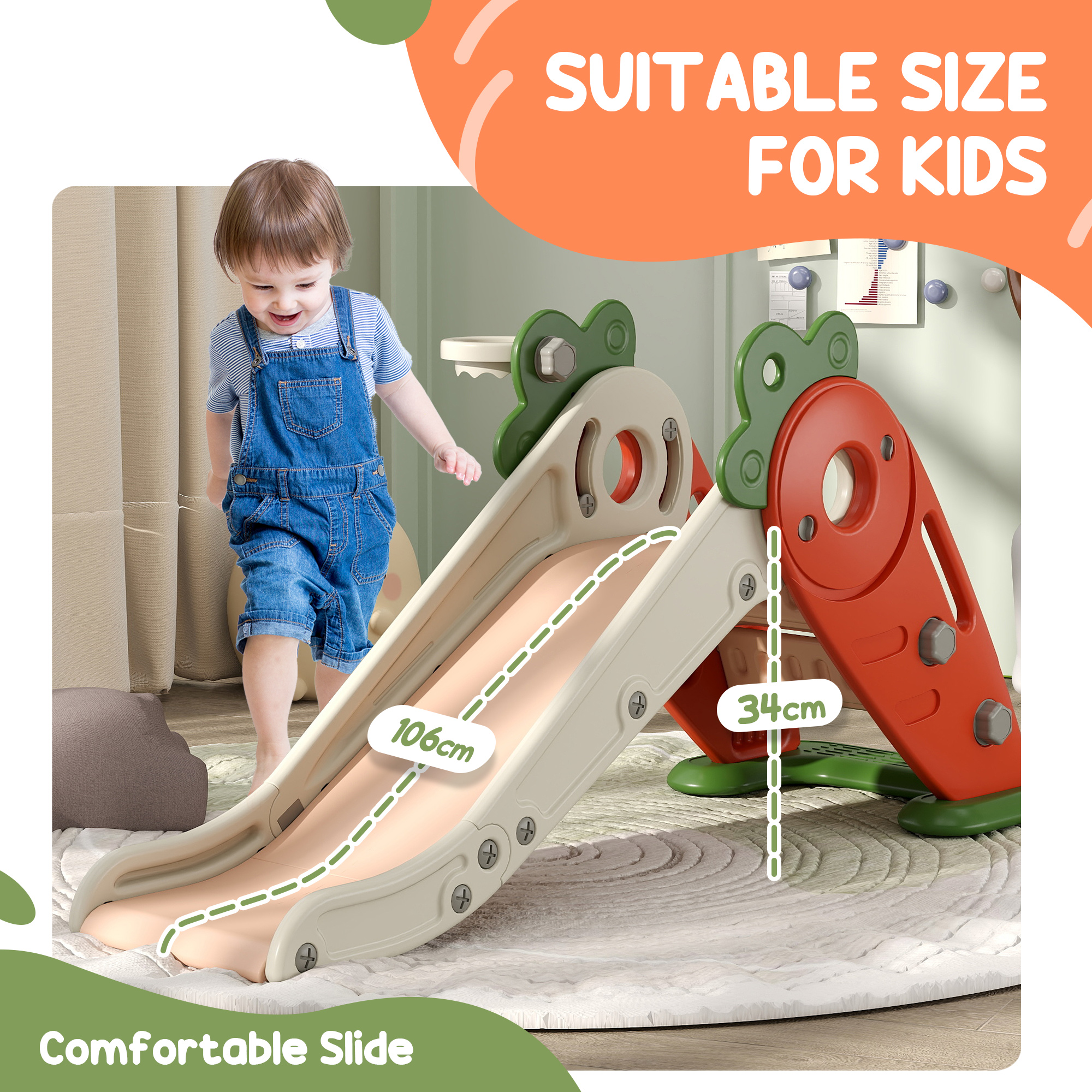 3 In 1 Foldable Toddler Slide With Basketball Hoop,Climber,Carrot-themed,for — image 4