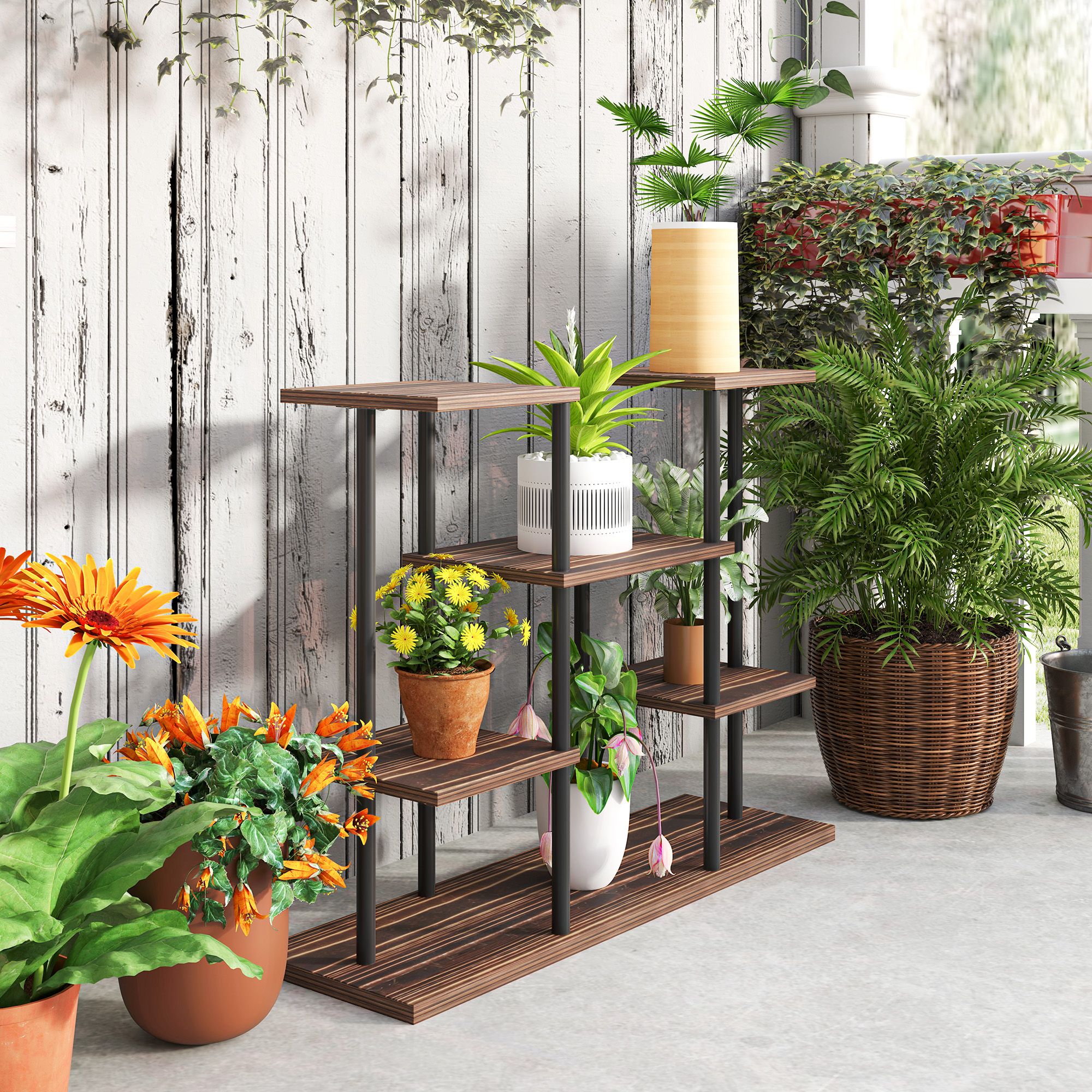 Four-tier wooden shelf plant stand