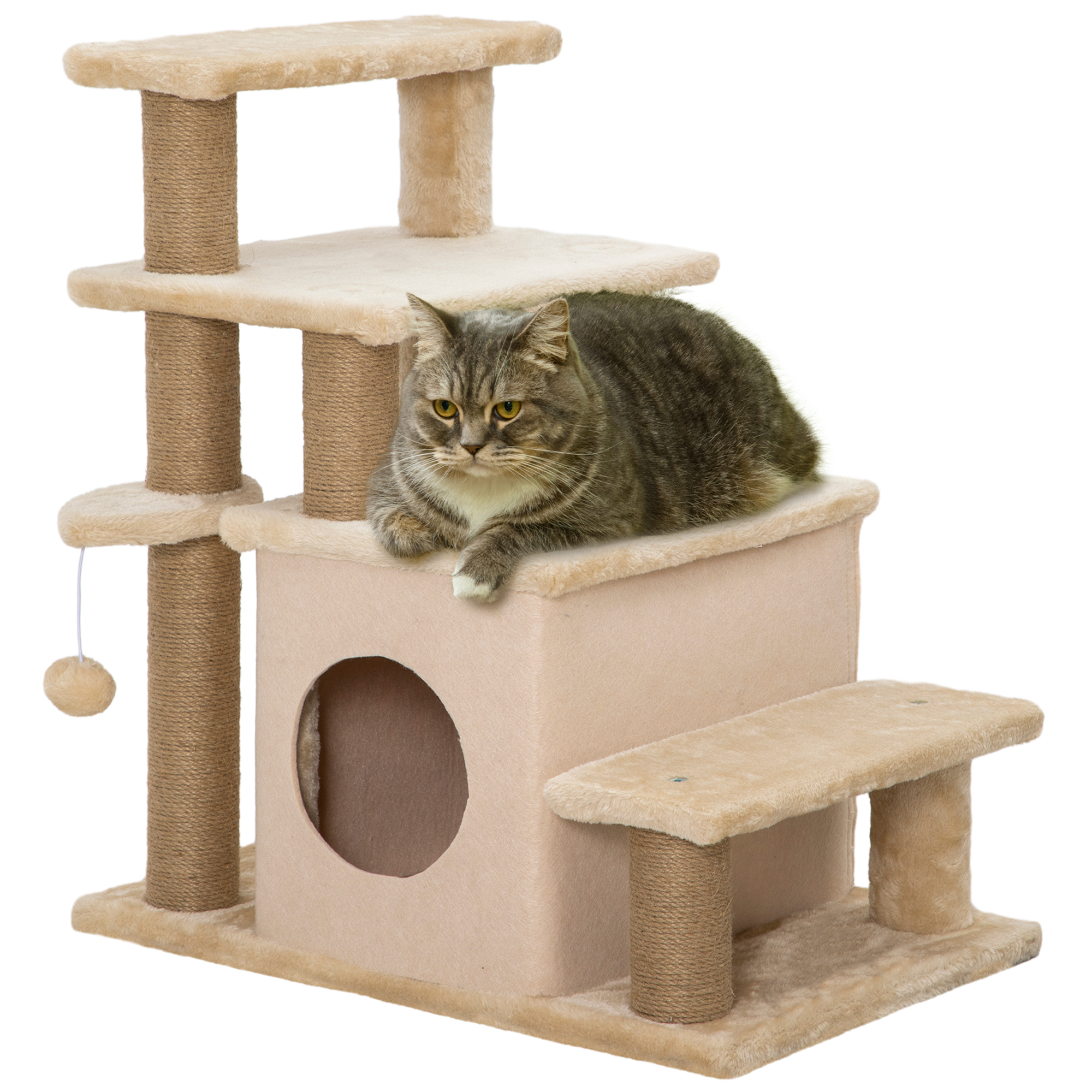 Adjustable Cat Steps,with House & Hanging Toy Ball-Beige