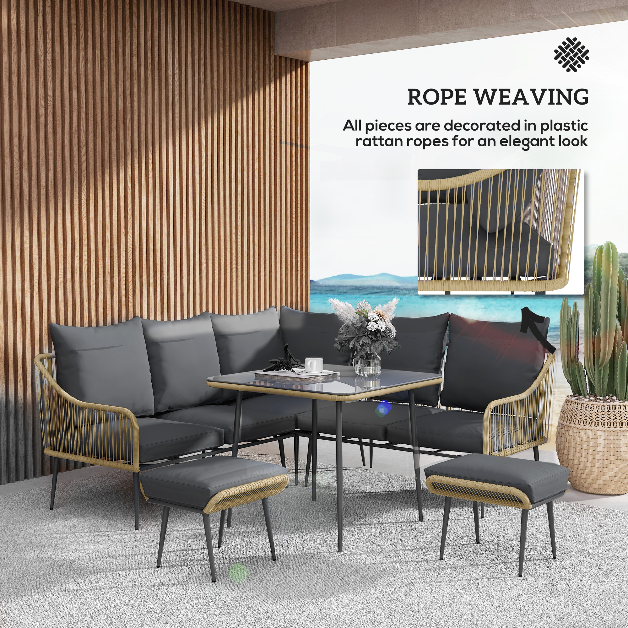 Six-Piece Rattan Strong Garden Sofa Set-Brown-Grey — image 6