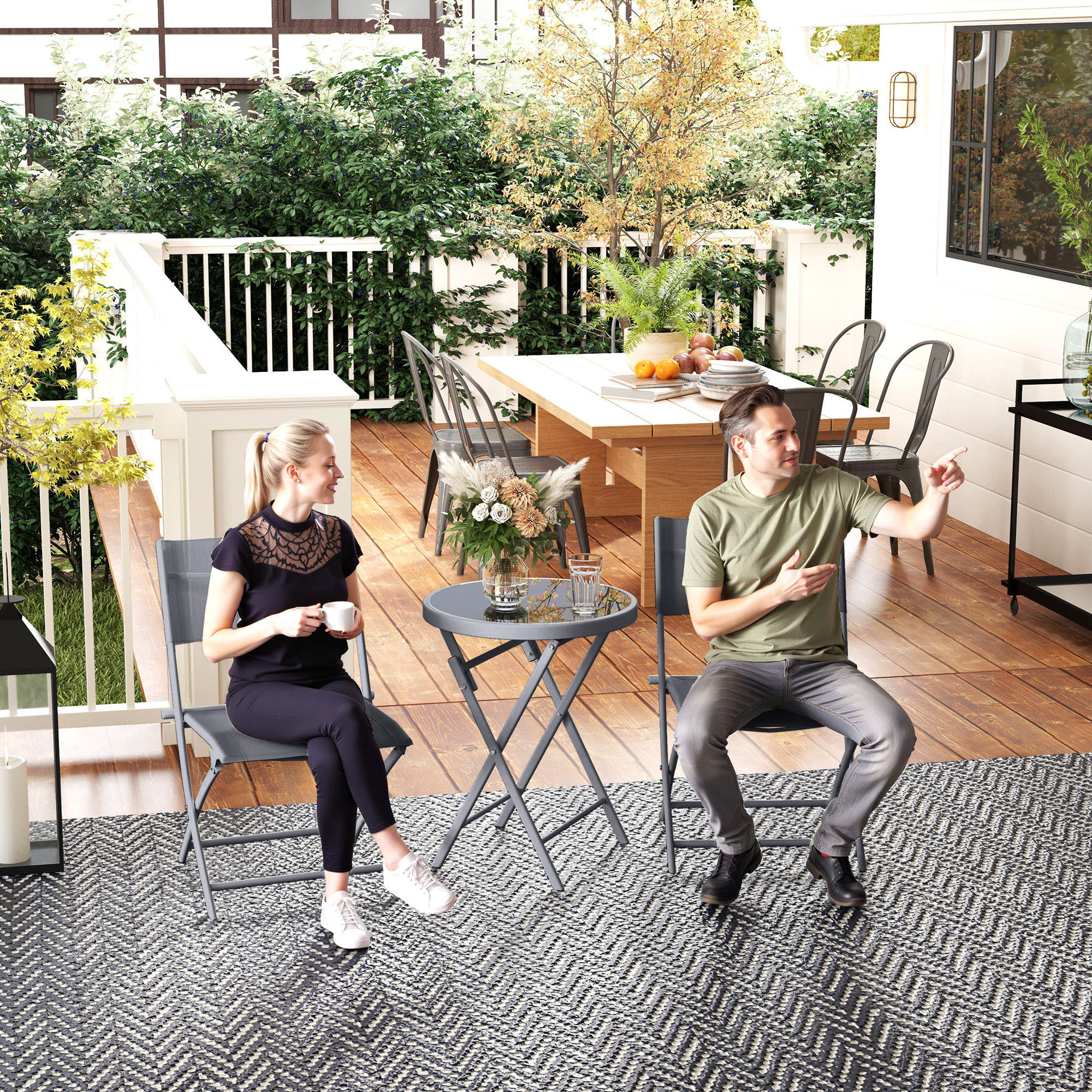 3 Pieces Outdoor Bistro Set,Glass Top Table And 2 Folding Chairs