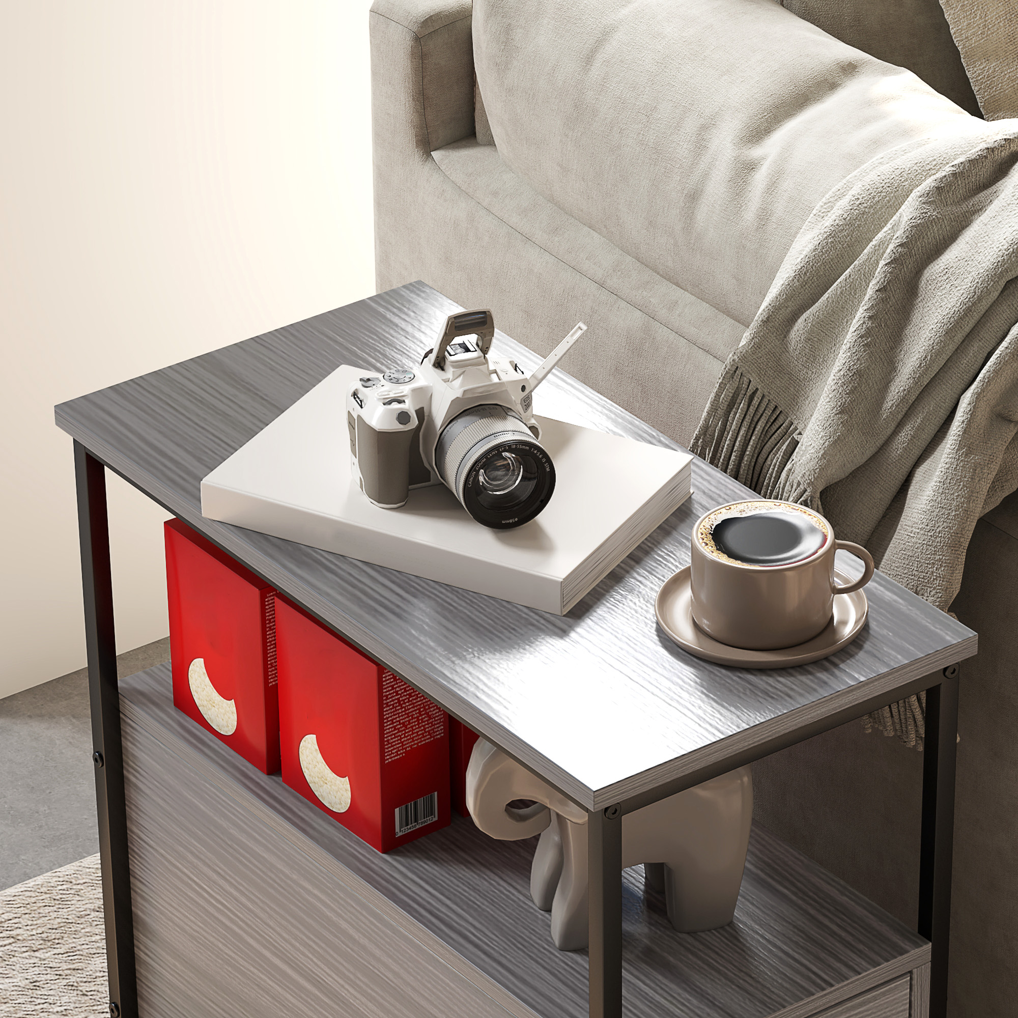 Side Table,Narrow Bedside Table With 2 Drawers And Storage Shelf,Industrial End — image 5