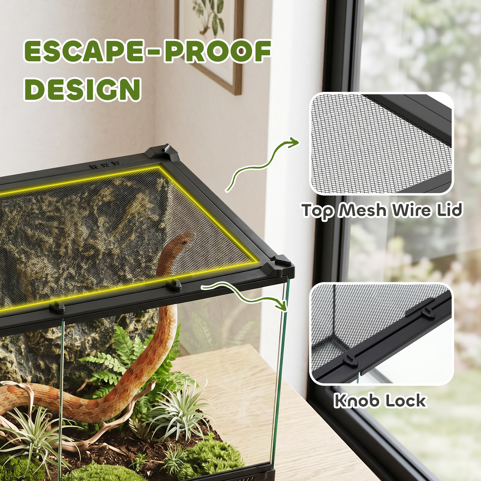 Reptile glass terrarium with stone background,front