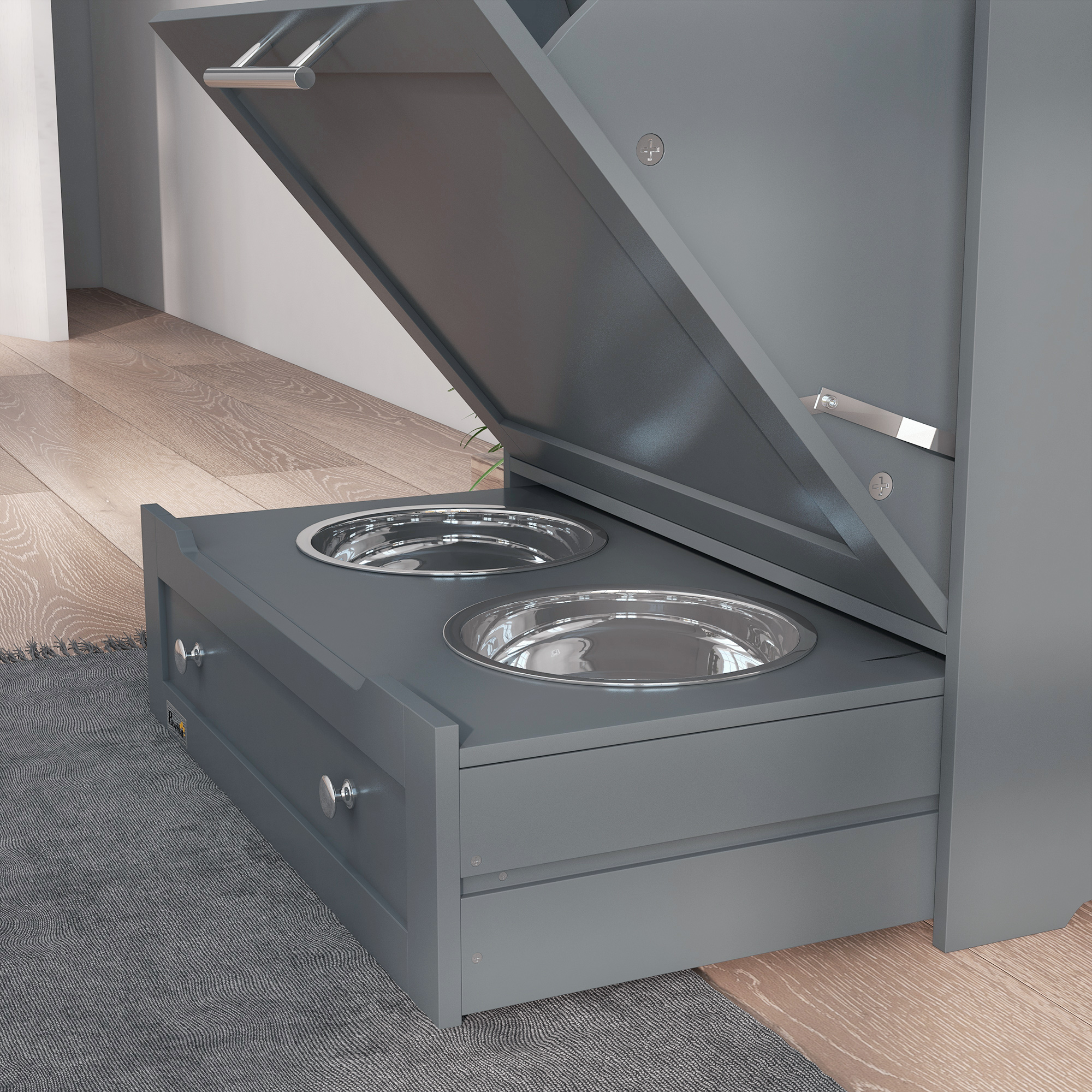 Pet Feeder Station,Dog,Cat Storage Container,with Raised Bowls,Hanger,Cabinet-Grey detail photo 2