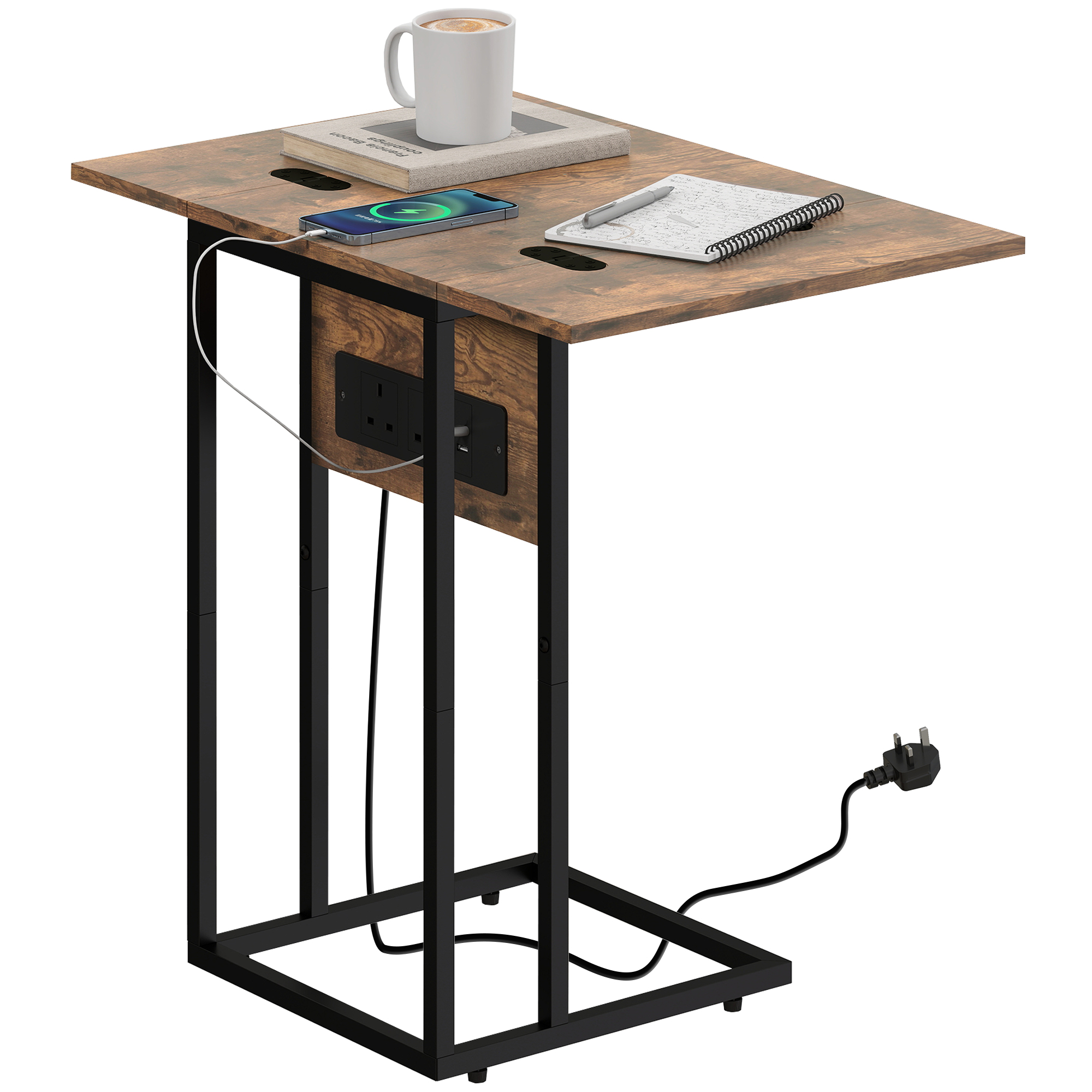 C Shaped Side Table With Charging Station And Foldable Top-Rustic Brown — image 3