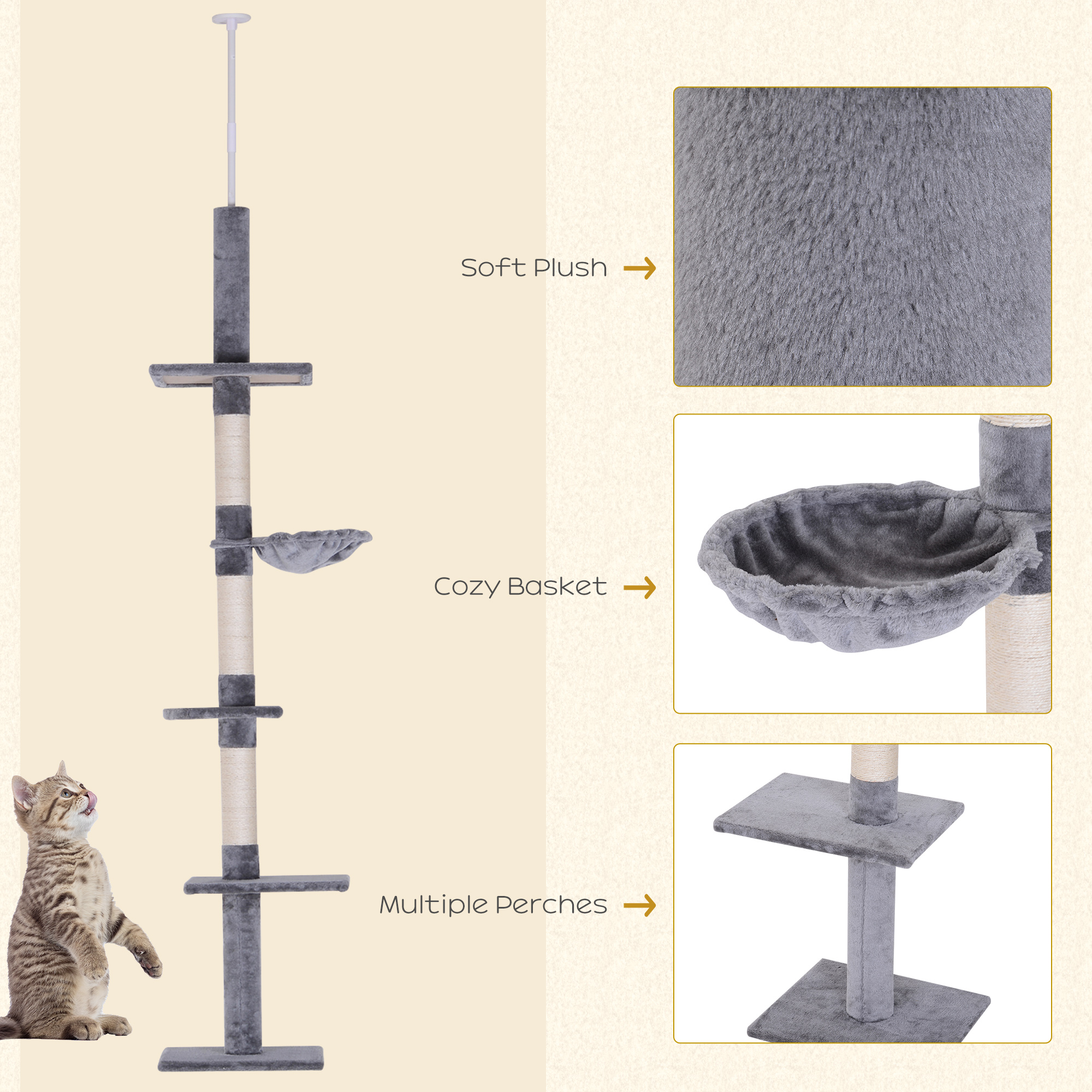 Floor To Ceiling Cat Tree 230-260cm Height Adjustable,5-Tier Tower