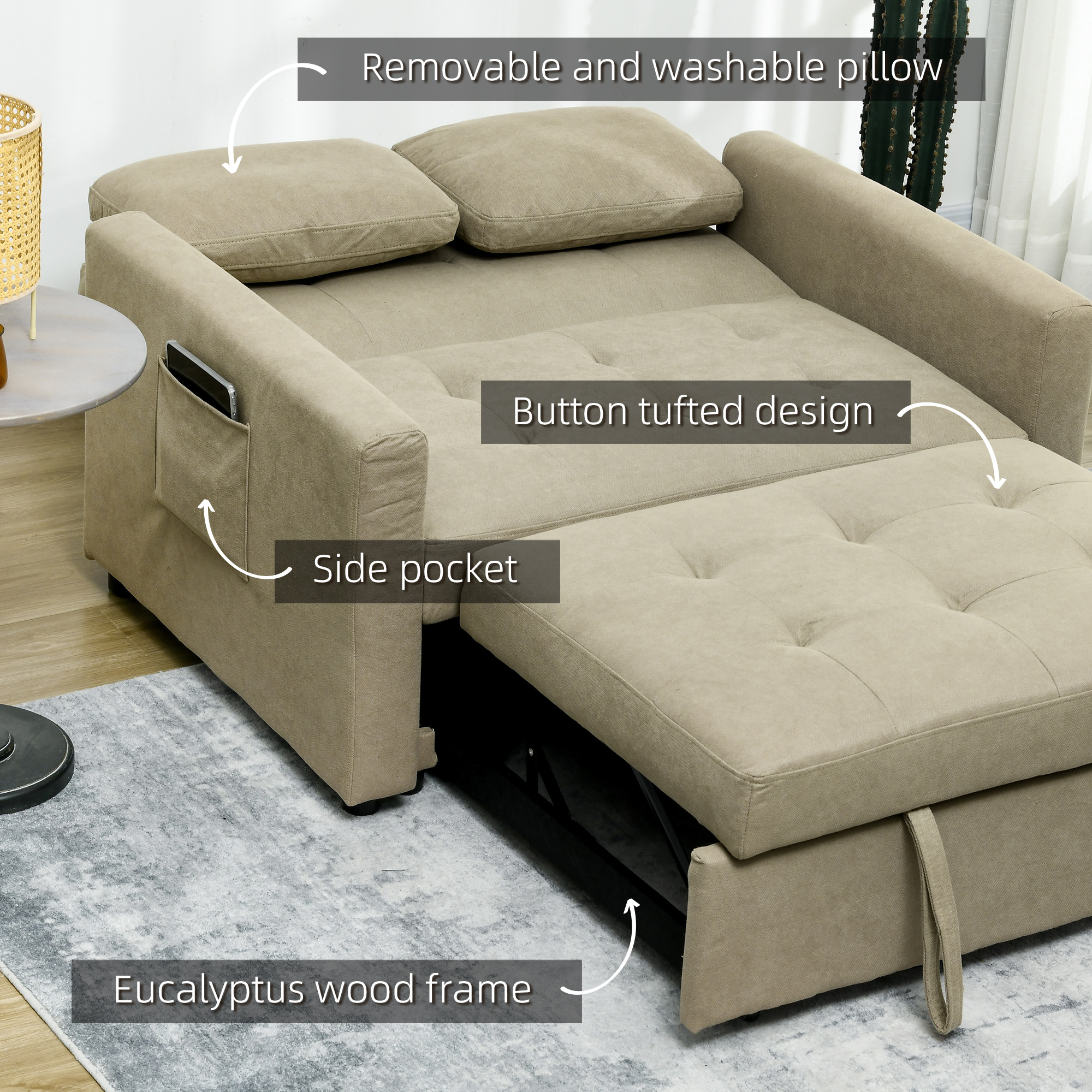 Loveseat Sofa Bed,Convertible Bed Settee With 2 Pillows,Side Pockets,Light Brown — image 6