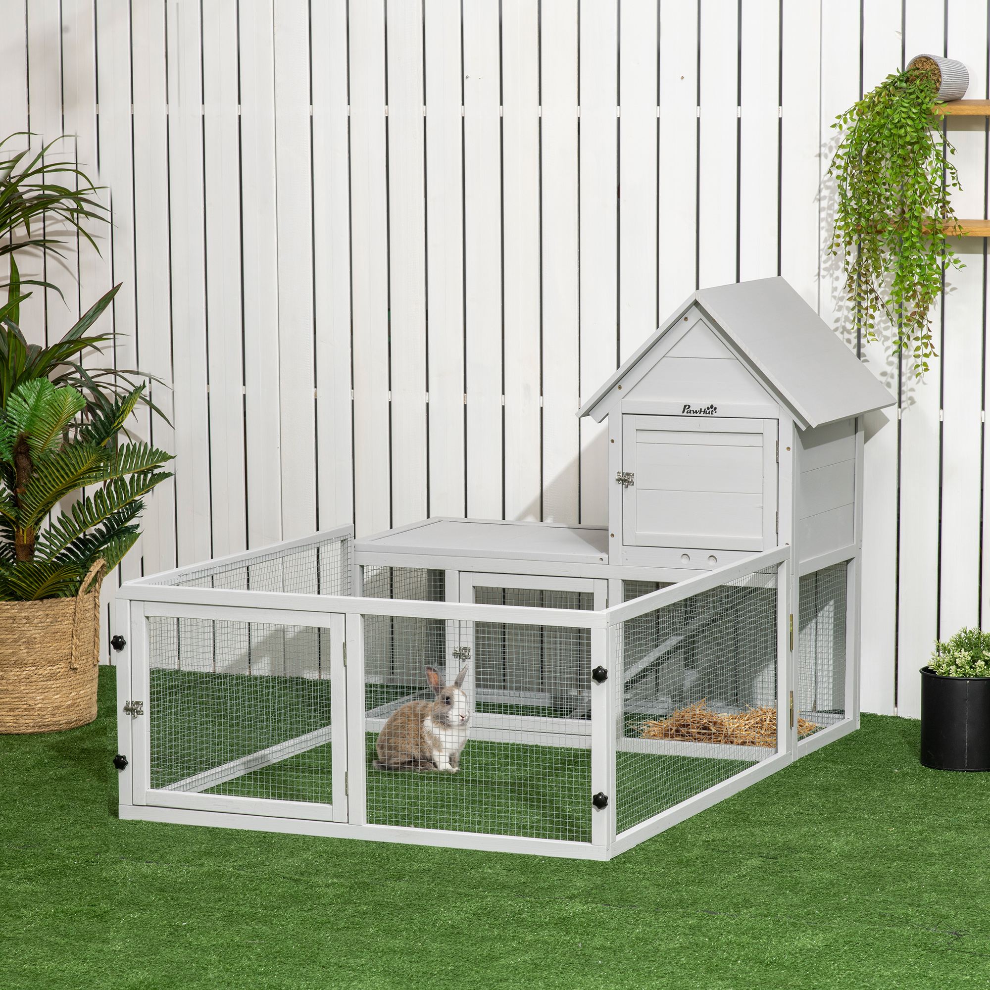 Indoor Rabbit Hutch,Guinea Pig Cage,with Slide-Out Tray,Large Fenced Area-Light Grey detail photo 2