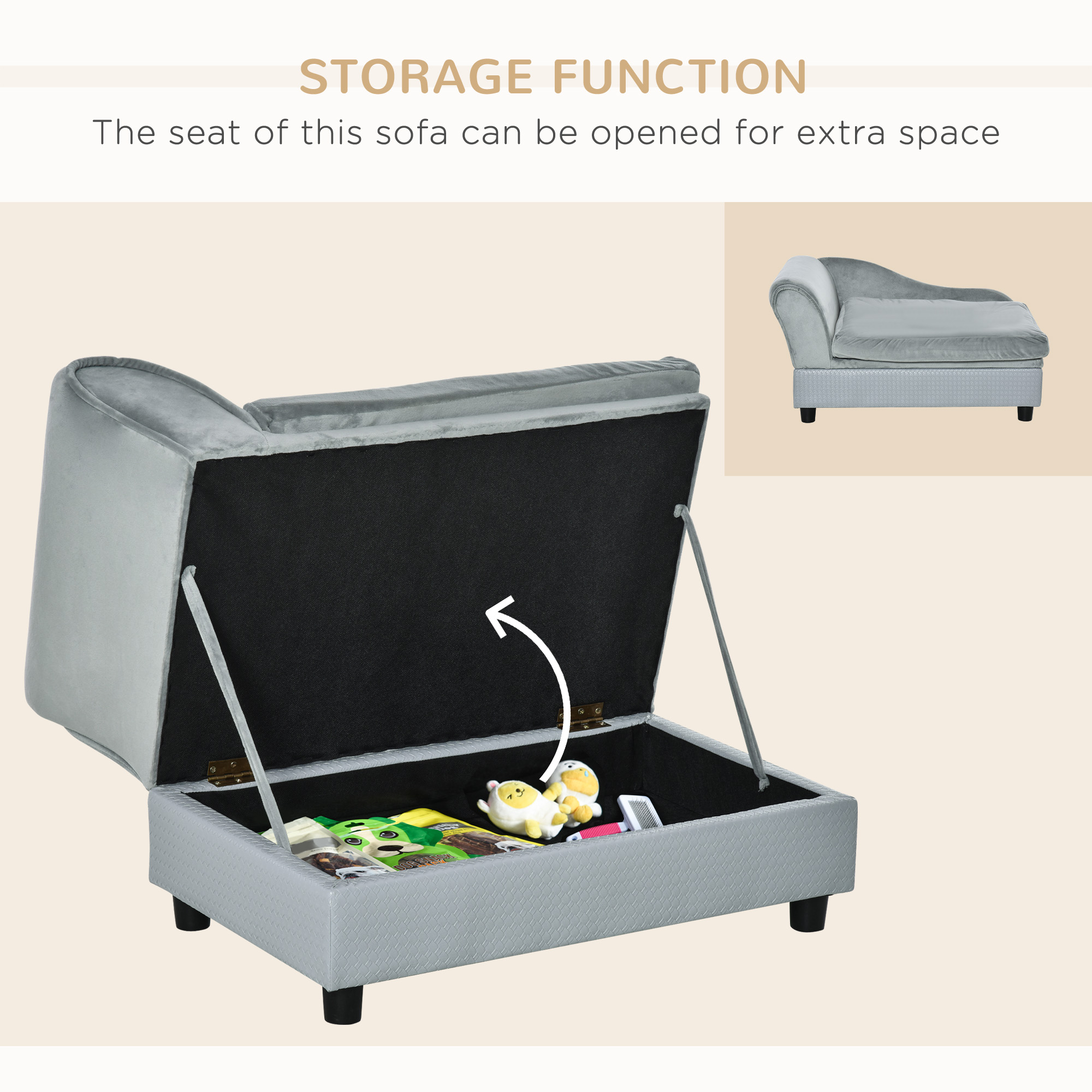 Pet Sofa Chair,with Storage,Cushion,for Small Dogs,Cats-Light Grey — image 3