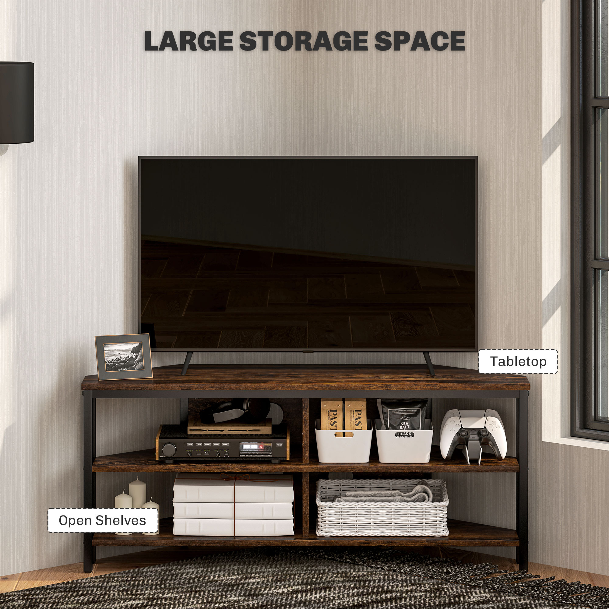 Industrial-Style Corner TV Unit-Black/Brown
