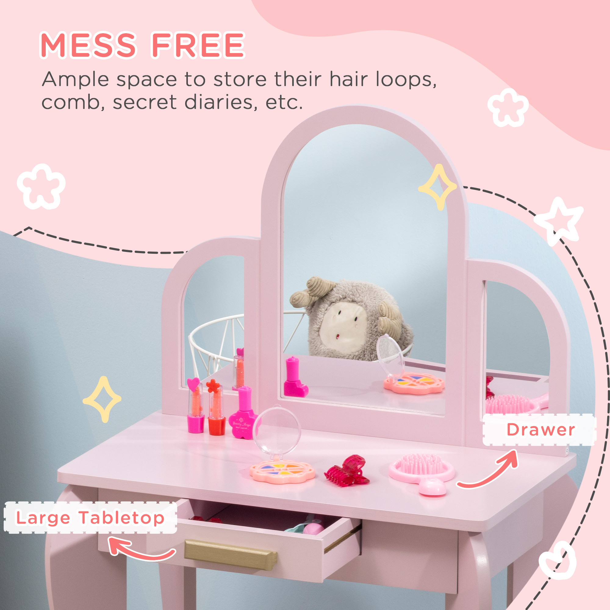 Kids Dressing Table Set,with Mirror And Drawer-Pink — image 3
