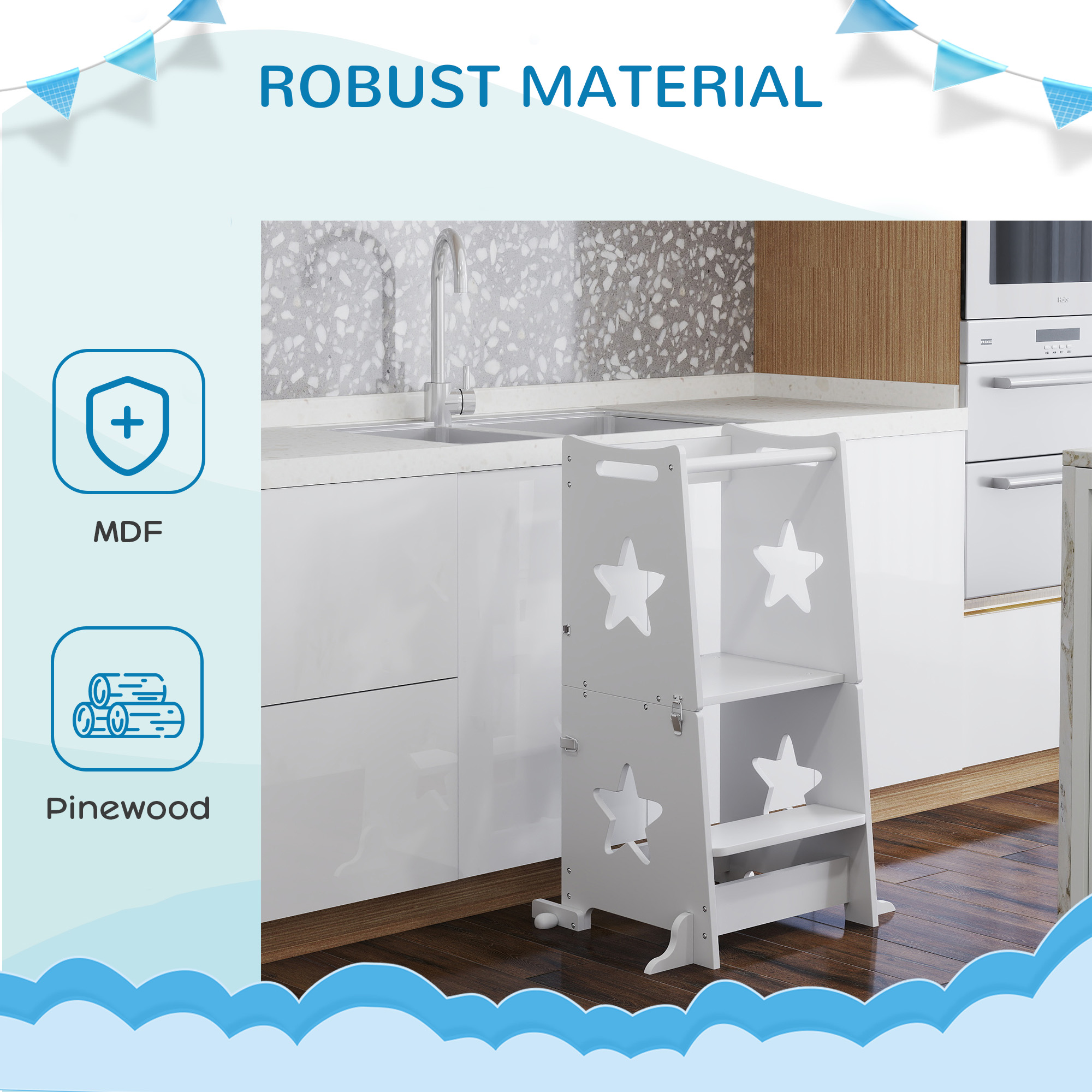 2-in-1 Toddler Step Stool With Safety Rail For Kitchen,Bathroom,White