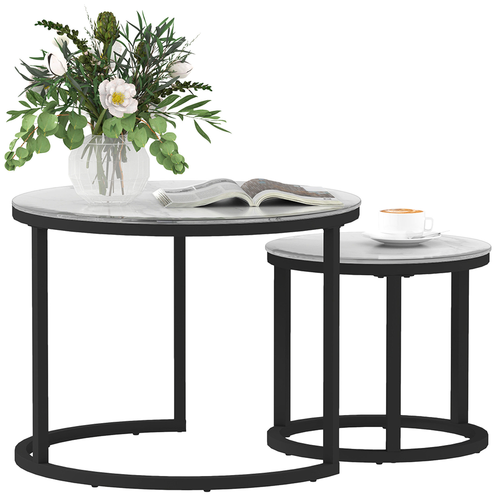 Glass Coffee Table Set Of 2,Round Nest Of Tables With Marble-Effect Tempered — image 2