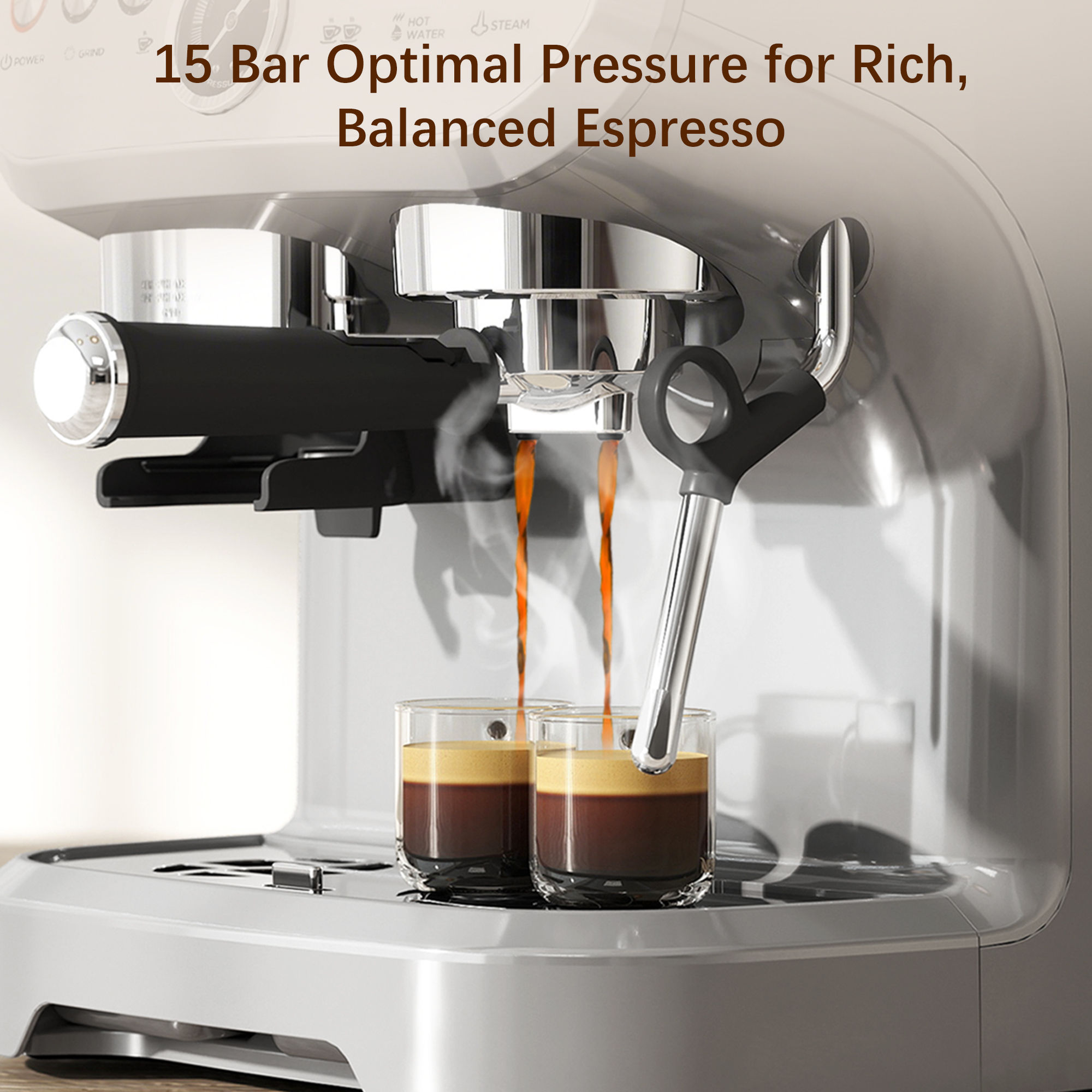 15 Bar Coffee Machine,with Adjustable Grind,Steamer And Accessories-Silver — image 3
