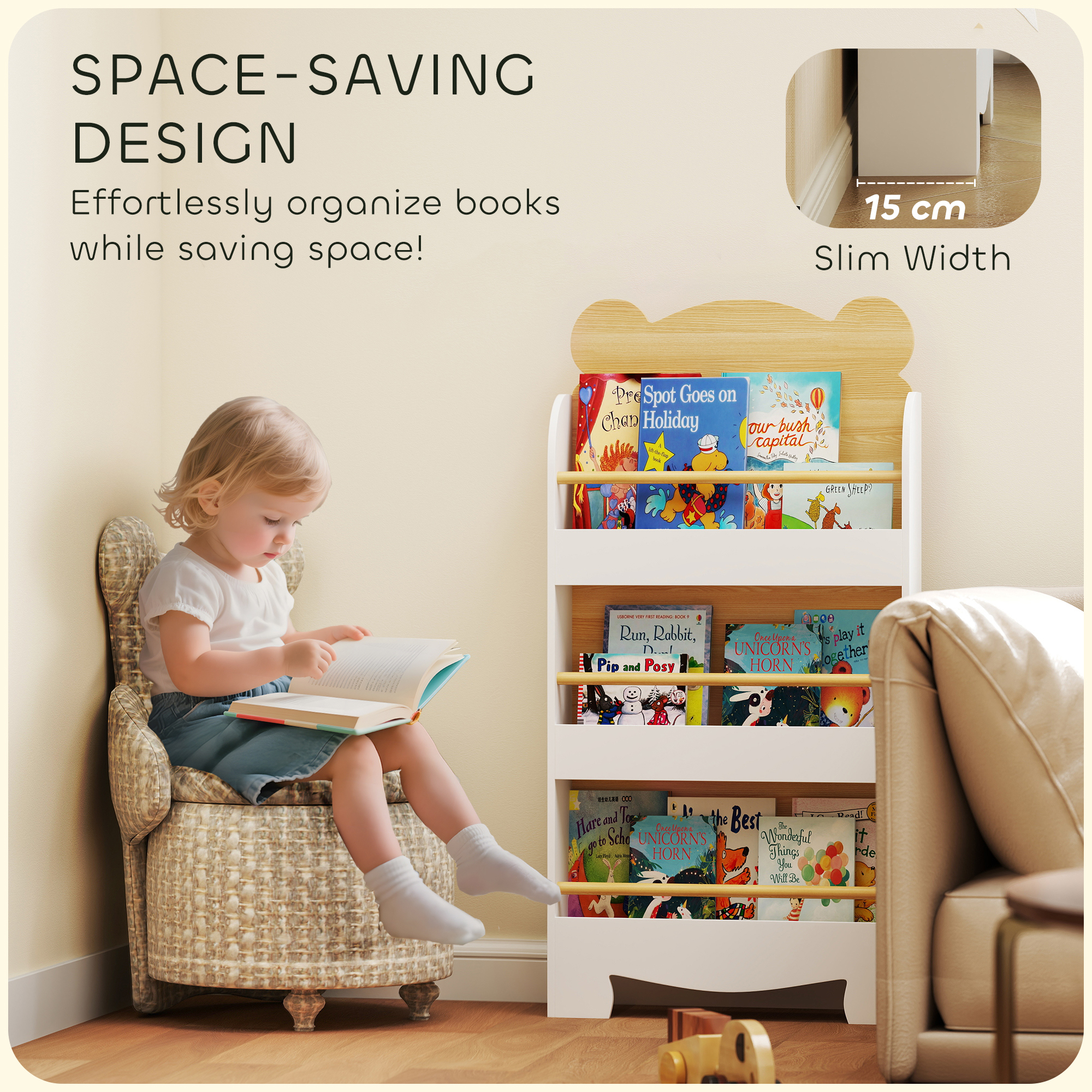 Kids Bookshelf,3 Tier Children Bookcase,Bear Theme Toddler Space-Saving — image 5
