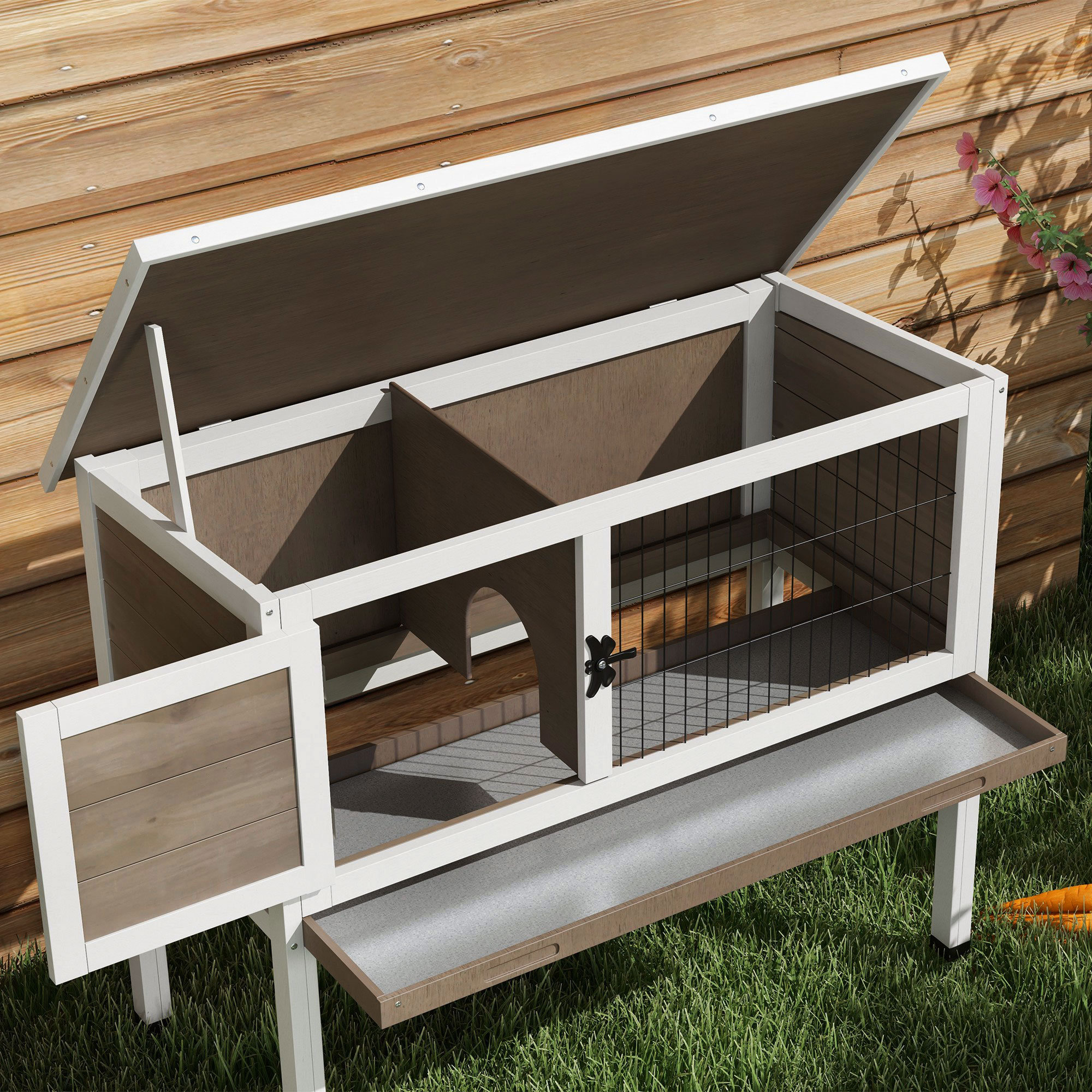 Wooden Guinea Pig Hutch,Small Animal Cage With Slide-out Tray,Openable Asphalt Roof,84 X 43 X 70cm,Brown detail photo 4