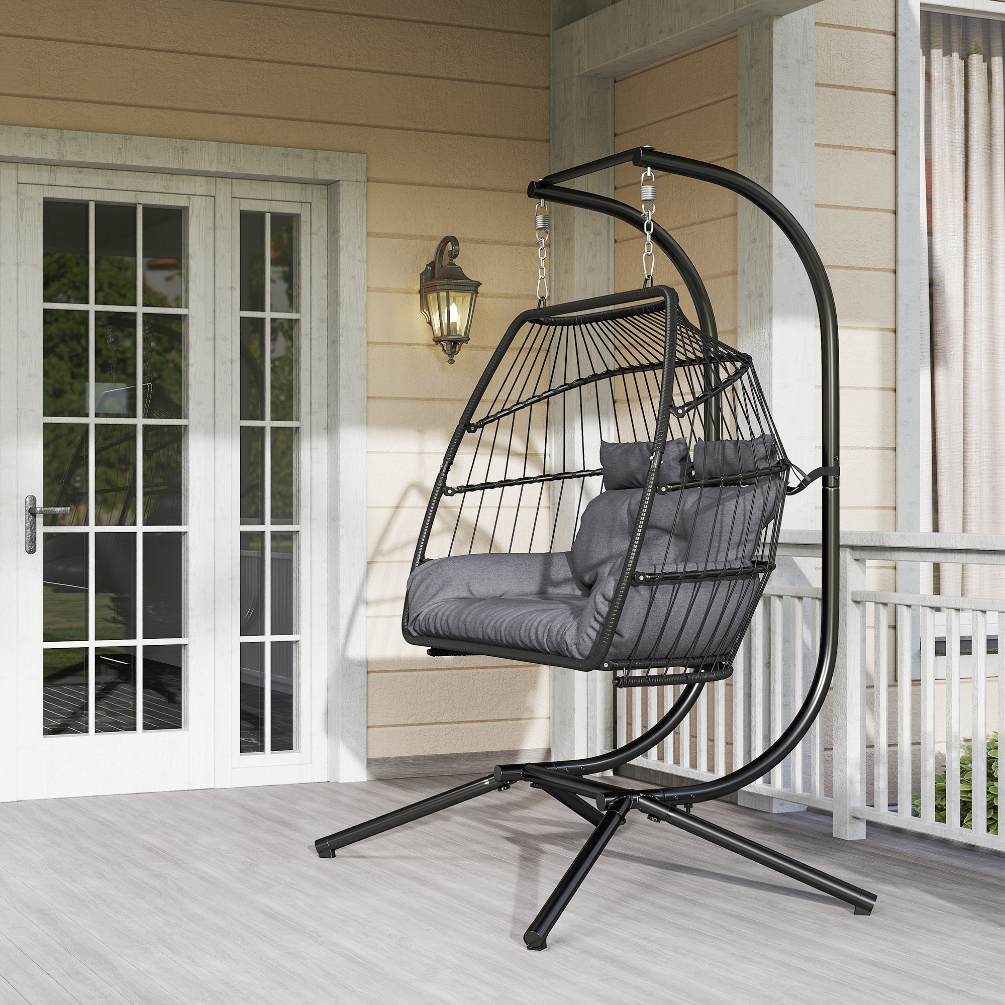 Rattan Double Hanging Egg Chair With Stand,Foldable Wicker Swing Cushion,Head — image 3