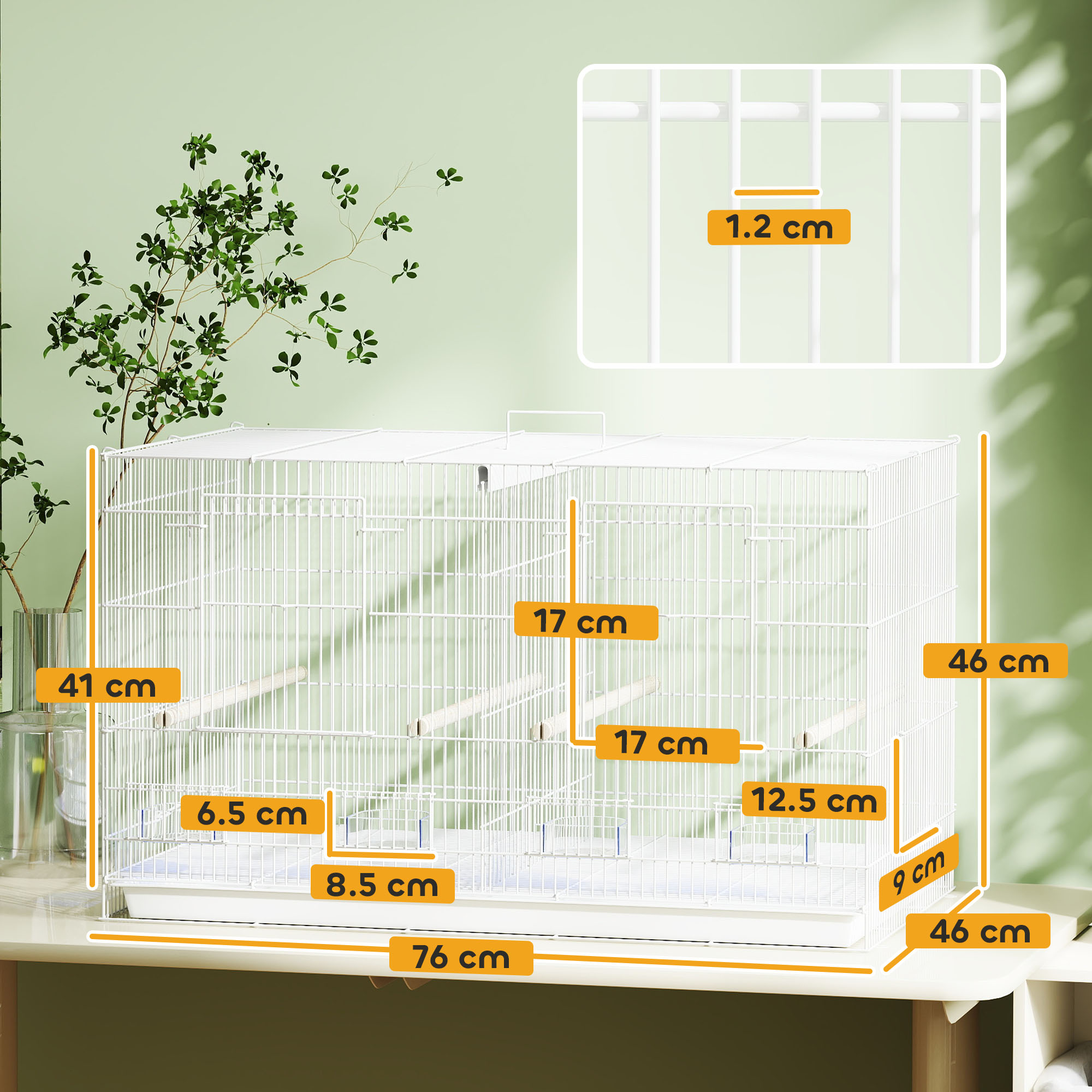 Bird Cage With Divider,4 Wooden Perches,Slide Out Tray,4 Feeders,for Budgie,Lovebird,Canary,76 X 46 X 46cm,White detail photo 8