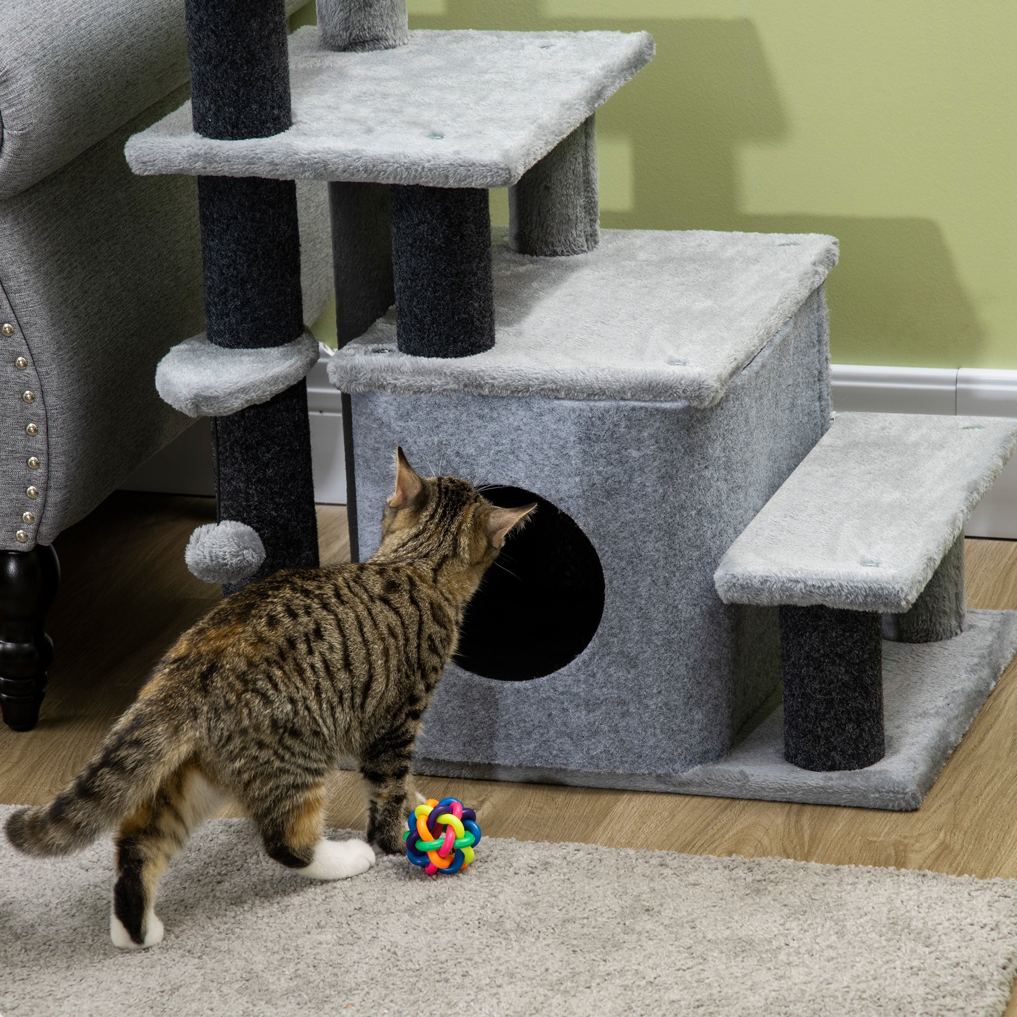 Adjustable Cat Steps,with House & Hanging Toy Ball-Grey detail photo 10