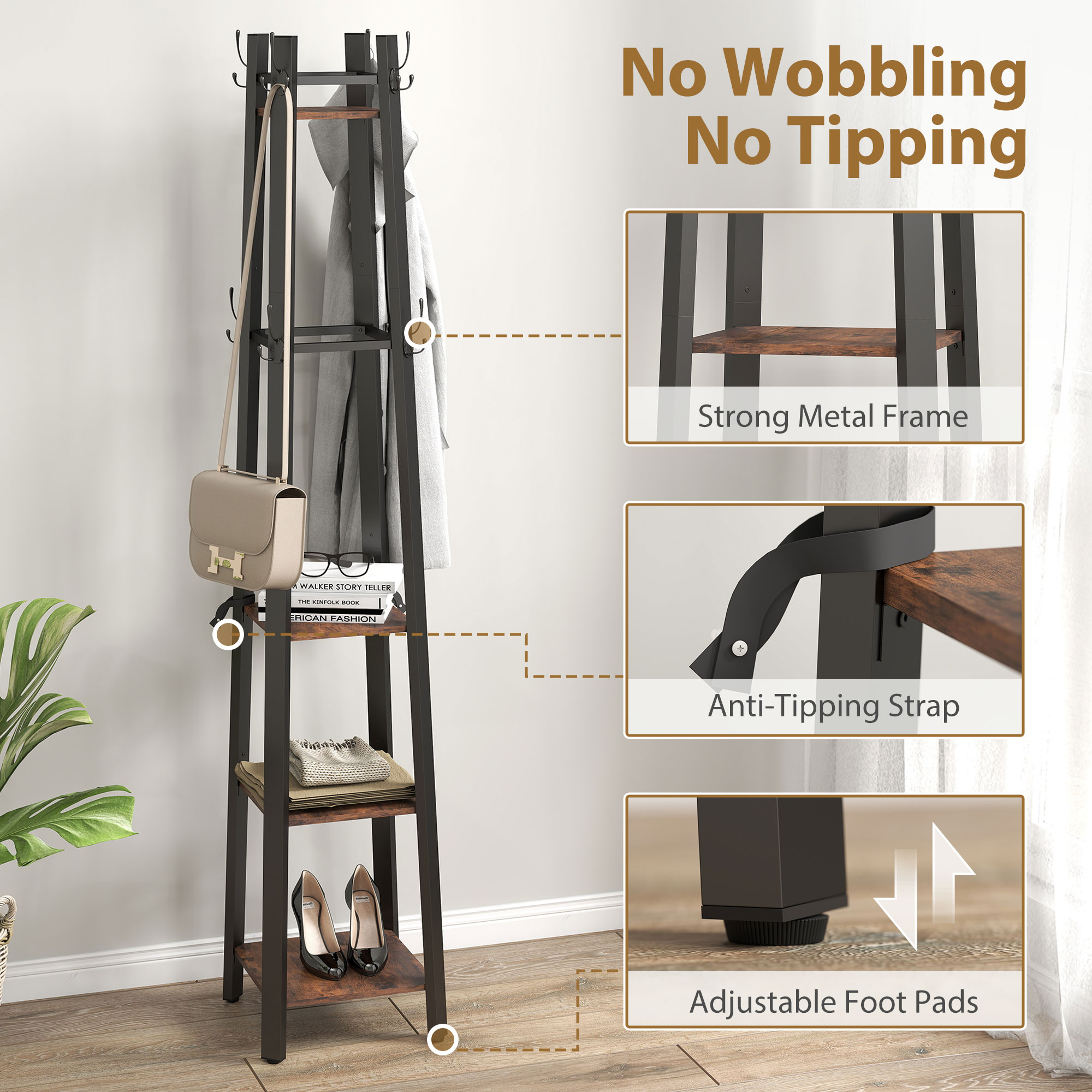 Industrial-Style Four Shelf Coat Stand-Brown/Black — image 3