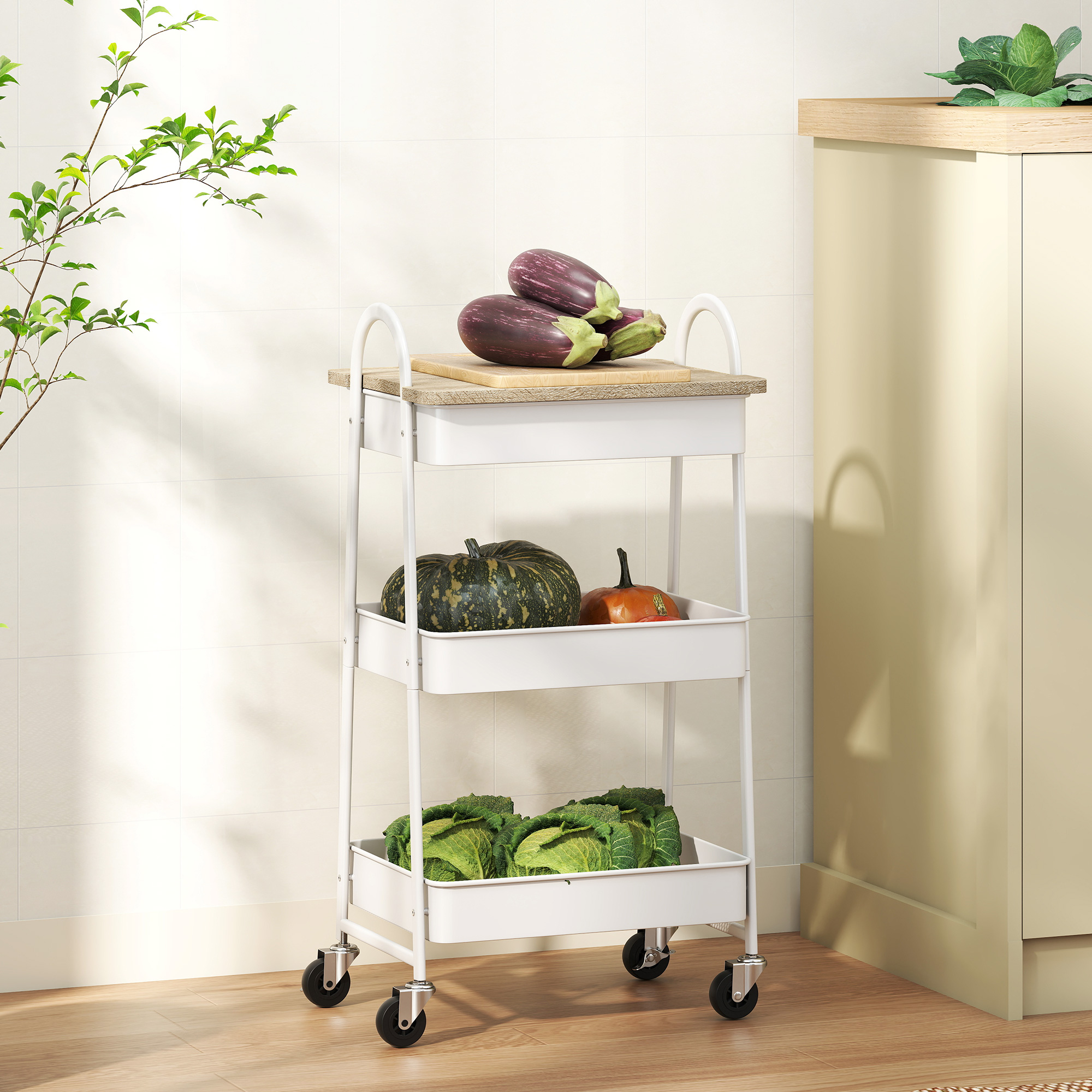 3-tier kitchen storage trolley with on wheels cover top