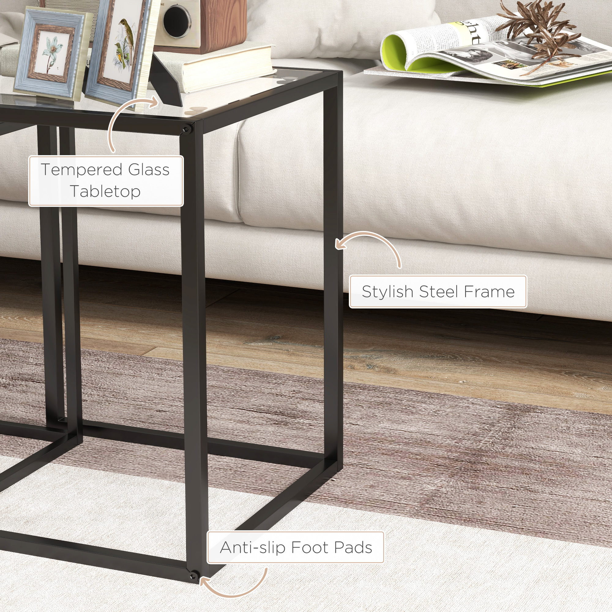 Nesting Tables Set Of 2,Side End Table With Tempered Glass Top And Steel Frame — image 5