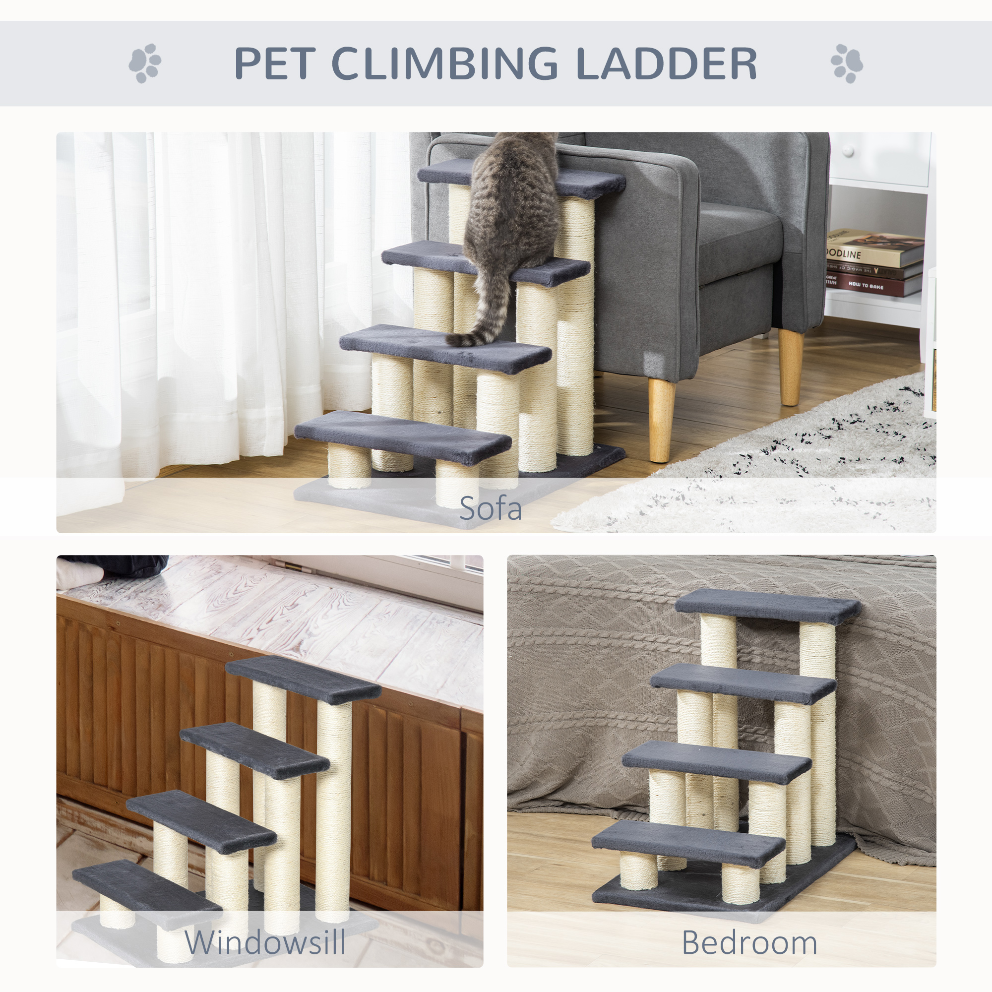 Dog Steps For Bed 4 Step Pet Stairs Cat Ladder Scratch Post Grey