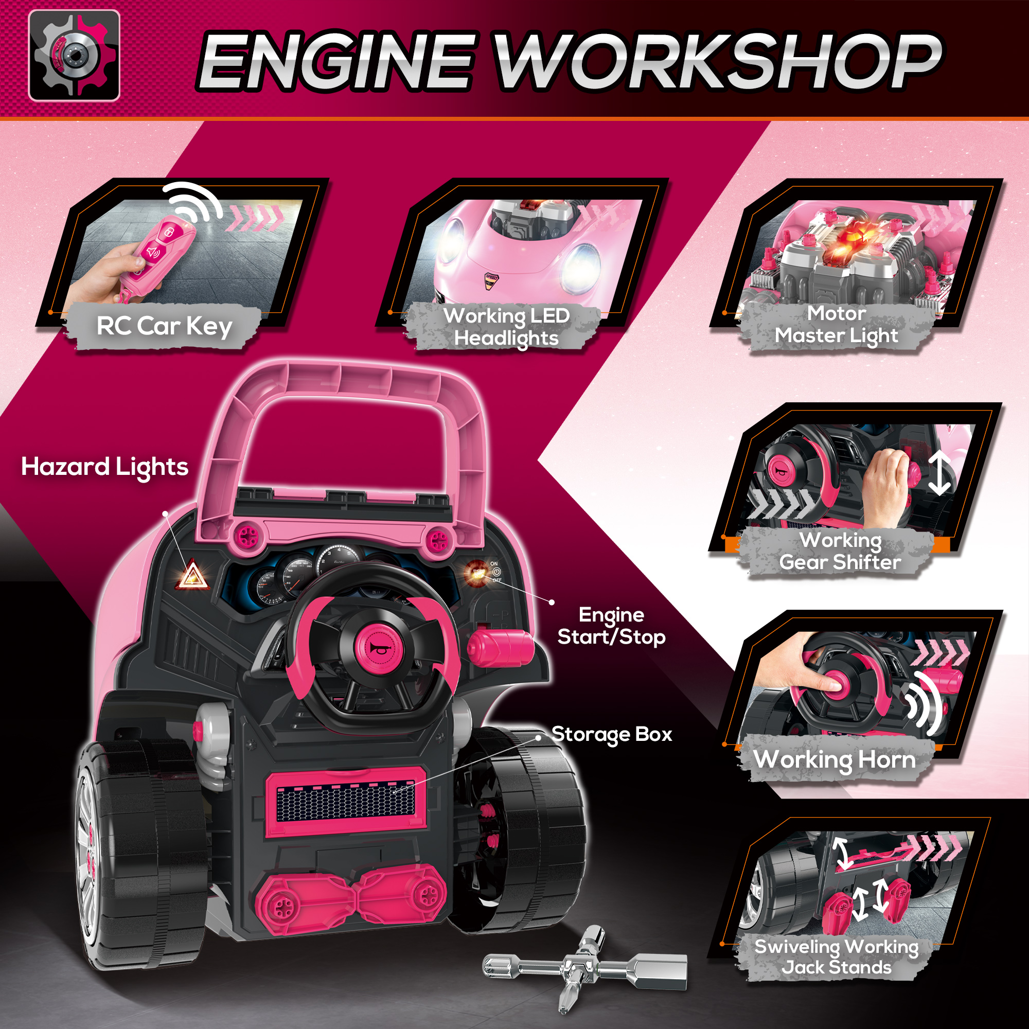 Kids Truck Engine Toy Set,with Horn,Light,Car Key,for Ages 3-5 Years-Pink — image 4