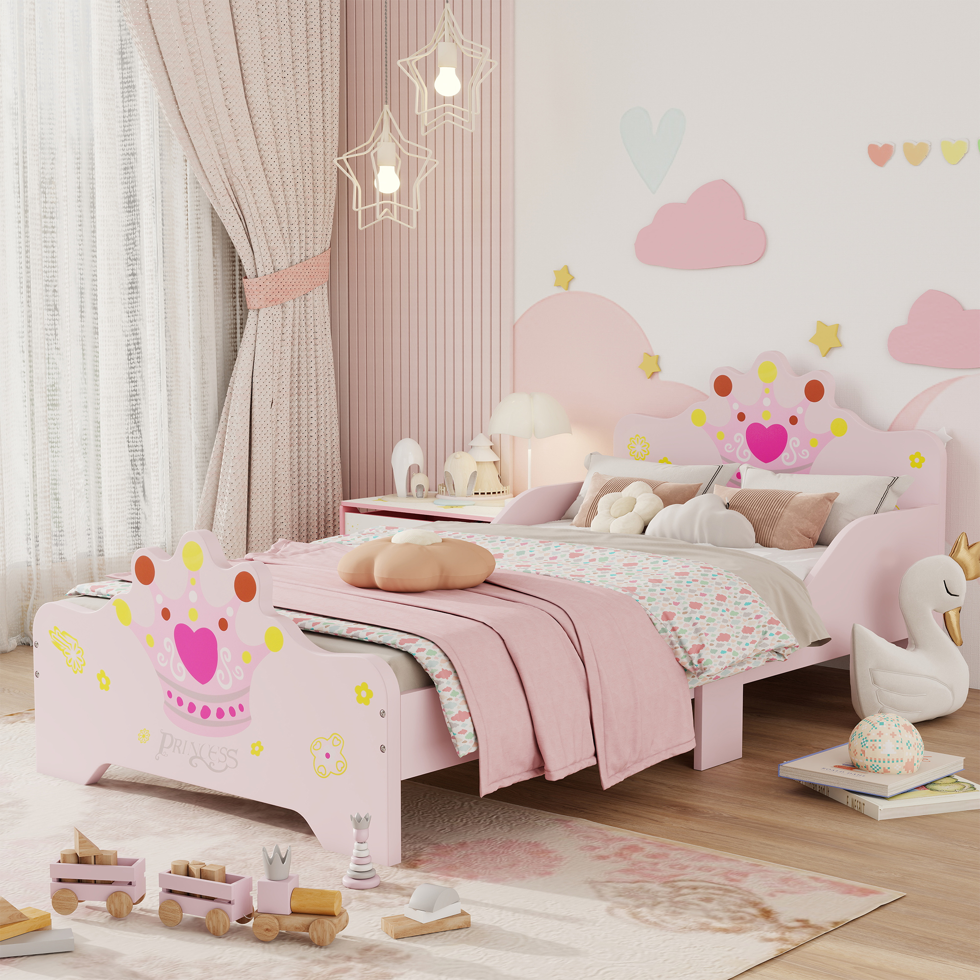 Kids Toddler Bed Princess Crown Theme Safety Side Rails Slats Home Bedroom — image 5