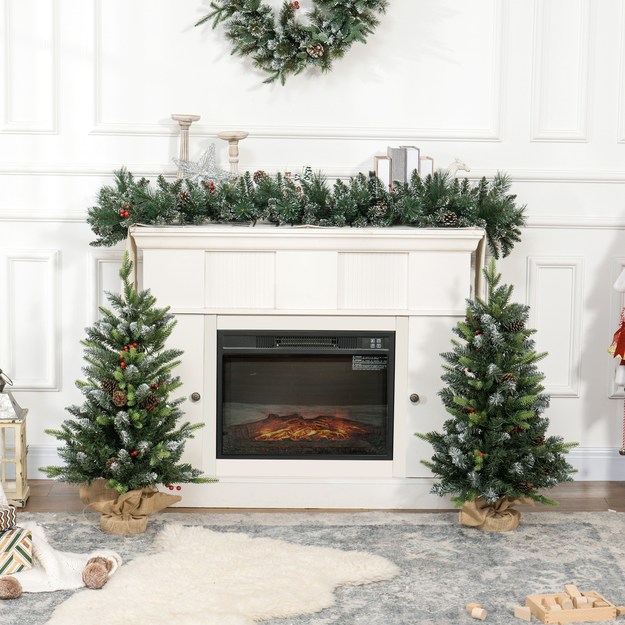 Set Of Two 3ft Christmas Trees,with Lights,Berries