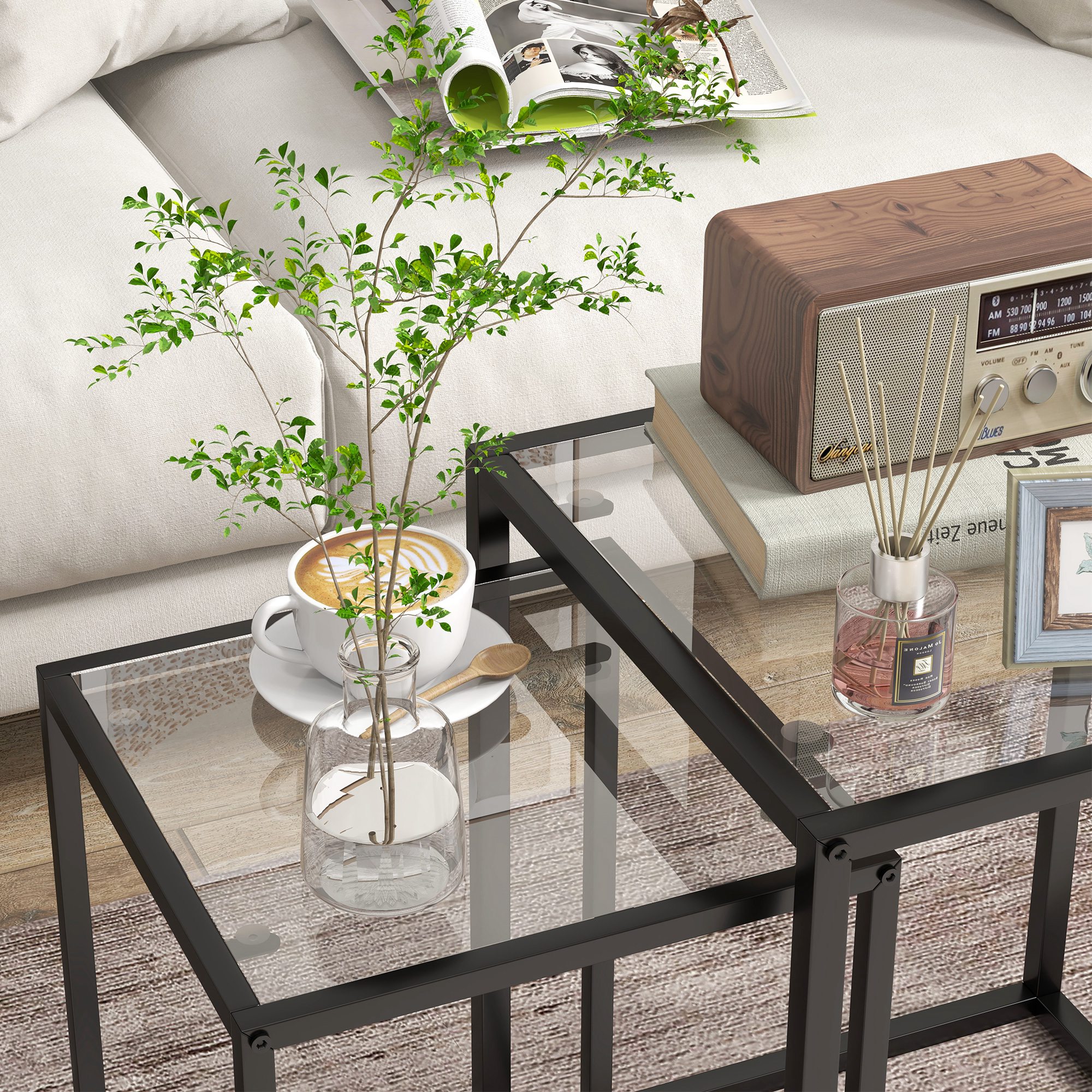 Nesting Tables Set Of 2,Side End Table With Tempered Glass Top And Steel Frame — image 4