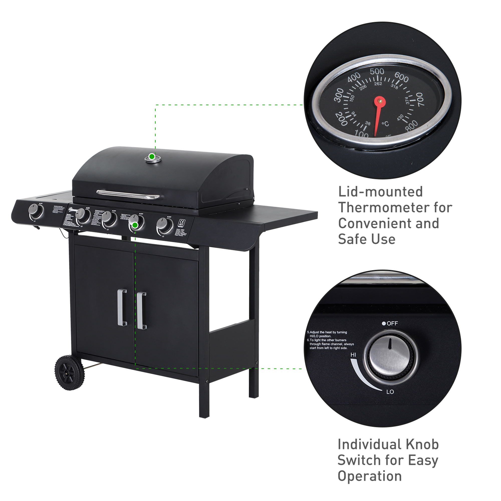 4+1 Burner Gas BBQ Grill,Outdoor Barbecue Trolley With Wheels,Warming Rack,Side — image 5